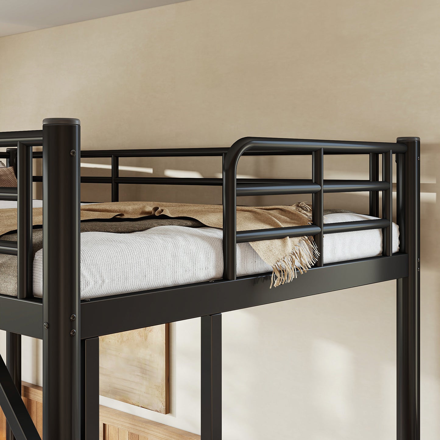 variant-group:rf-w1580p455010|Roomfitters Twin Size Metal Loft Bed Frame with Guardrails, Heavy Duty Space Saving High Loft Bed Dual Ladders, Black
