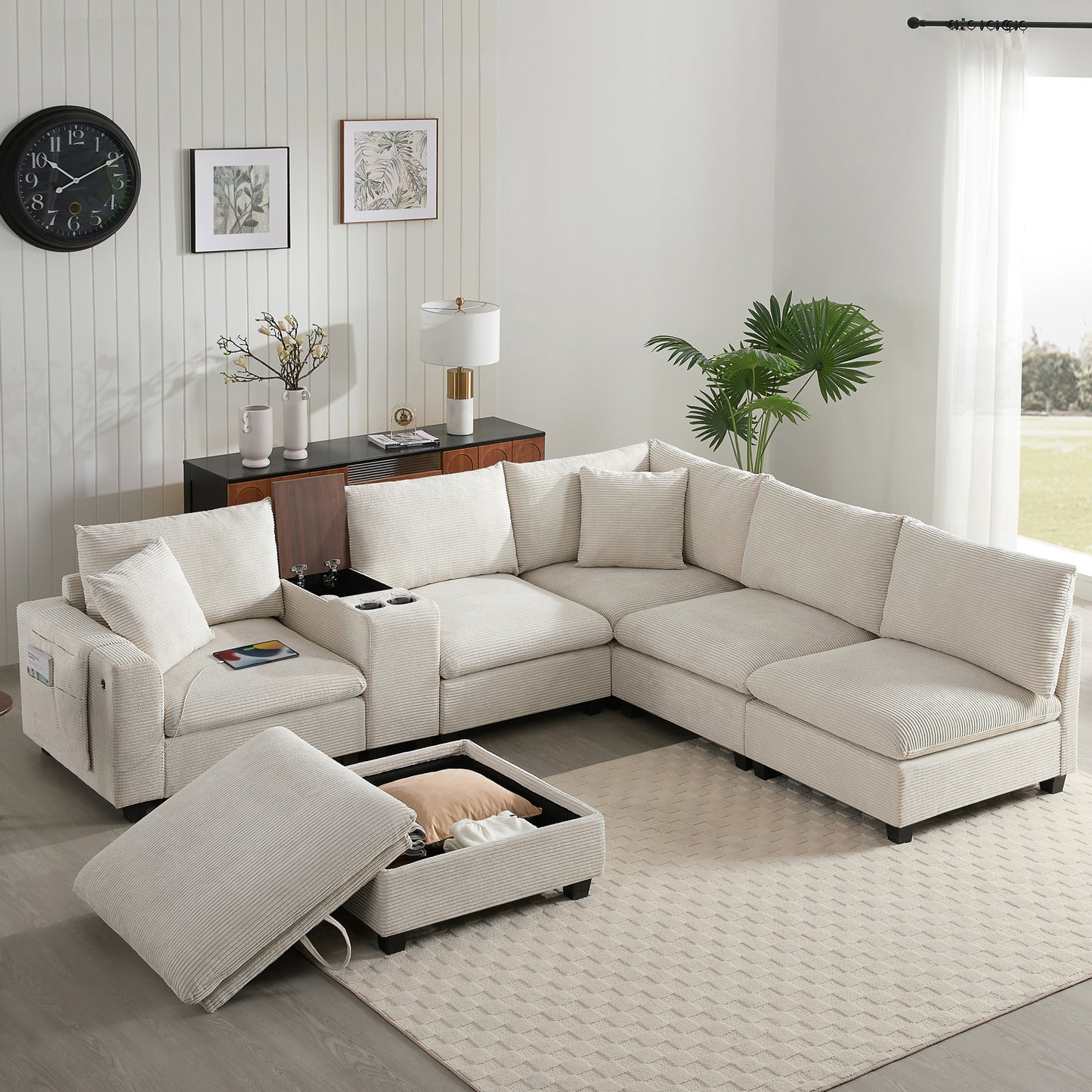 variant-group:rf-n723s1166a|Roomfitters 139 Inch U-Shaped Modular Sectional Sofa with Storage Console, Cup Holders and USB Ports for Living Room, Beige
