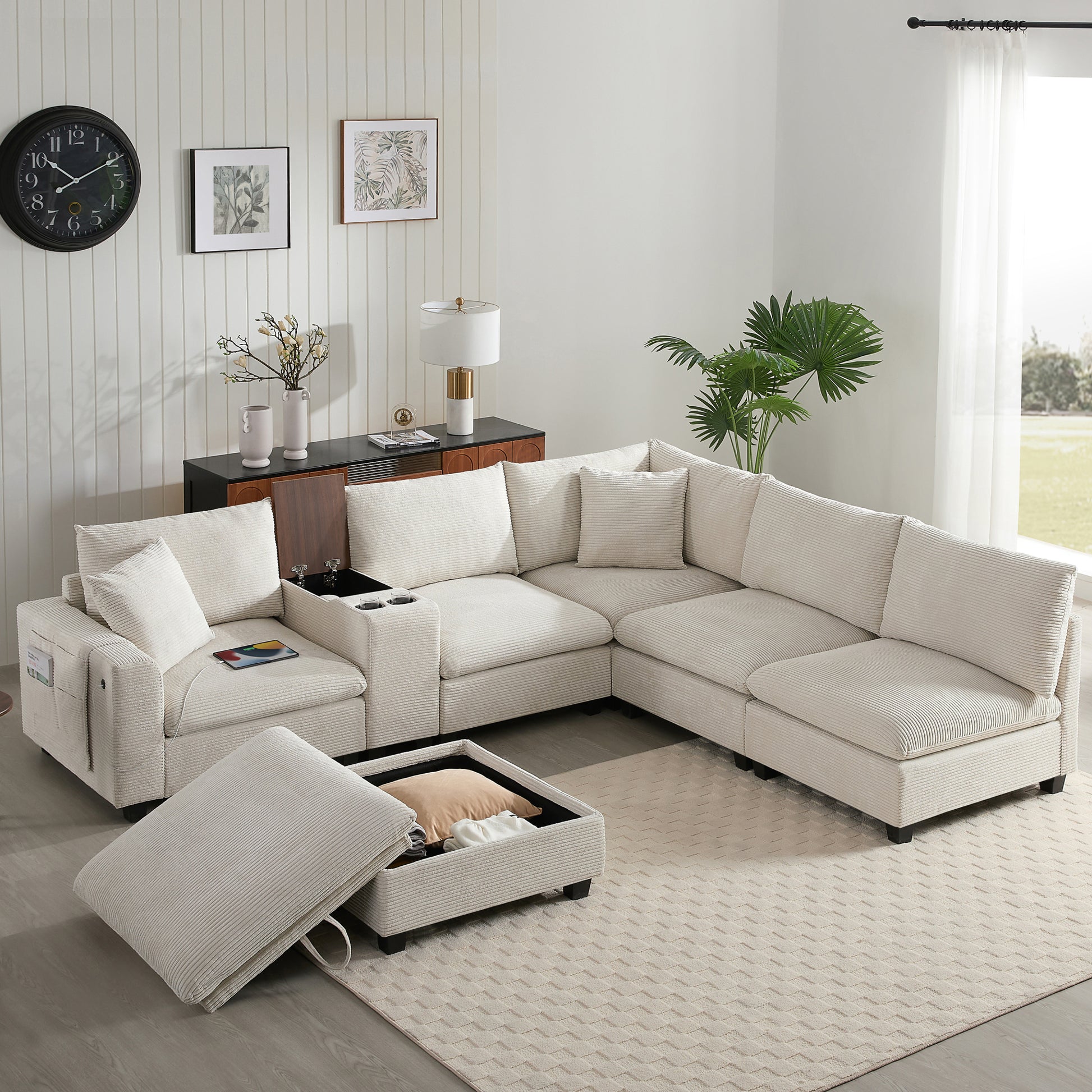 variant-group:rf-n723s1166a|Roomfitters 139 Inch U-Shaped Modular Sectional Sofa with Storage Console, Cup Holders and USB Ports for Living Room, Beige