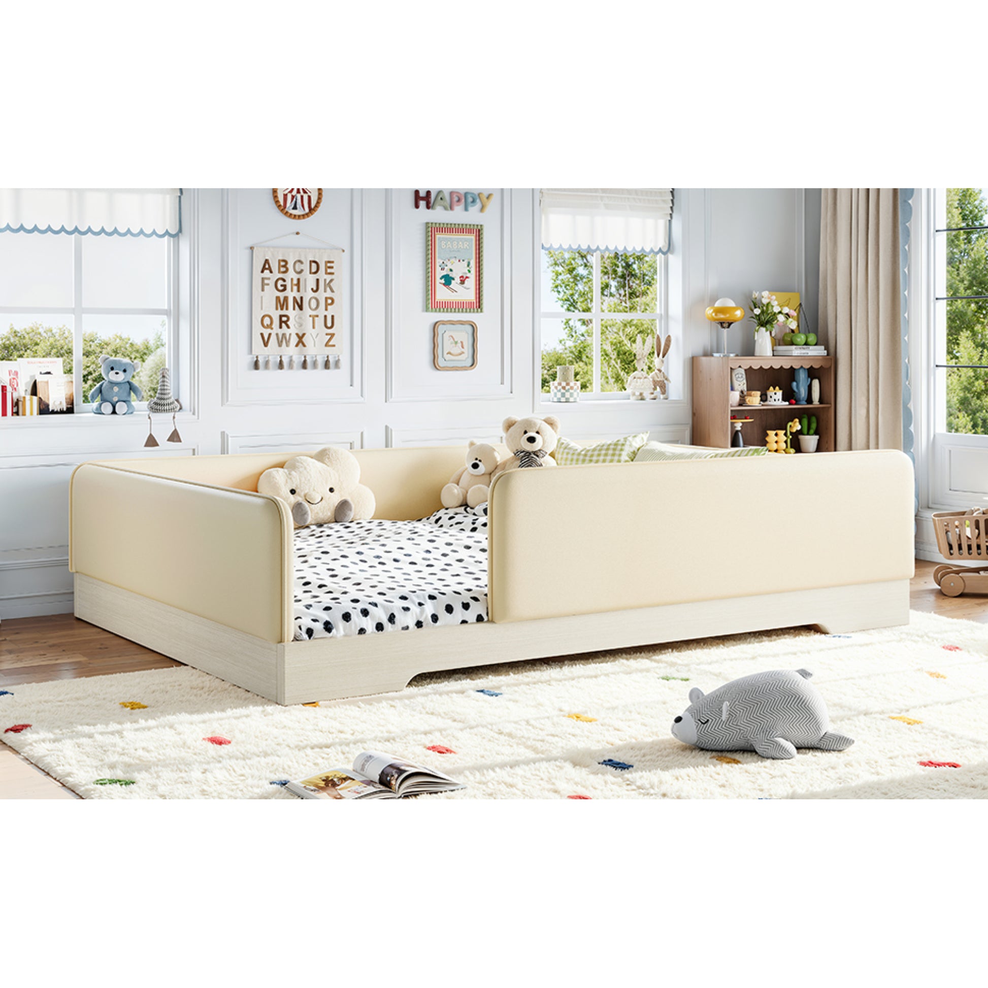 variant-group:rf-w1580s00673|Roomfitters Queen Size Upholstered Floor Bed Frame with Removable Guardrails, Faux Leather Low Profile Platform, Beige