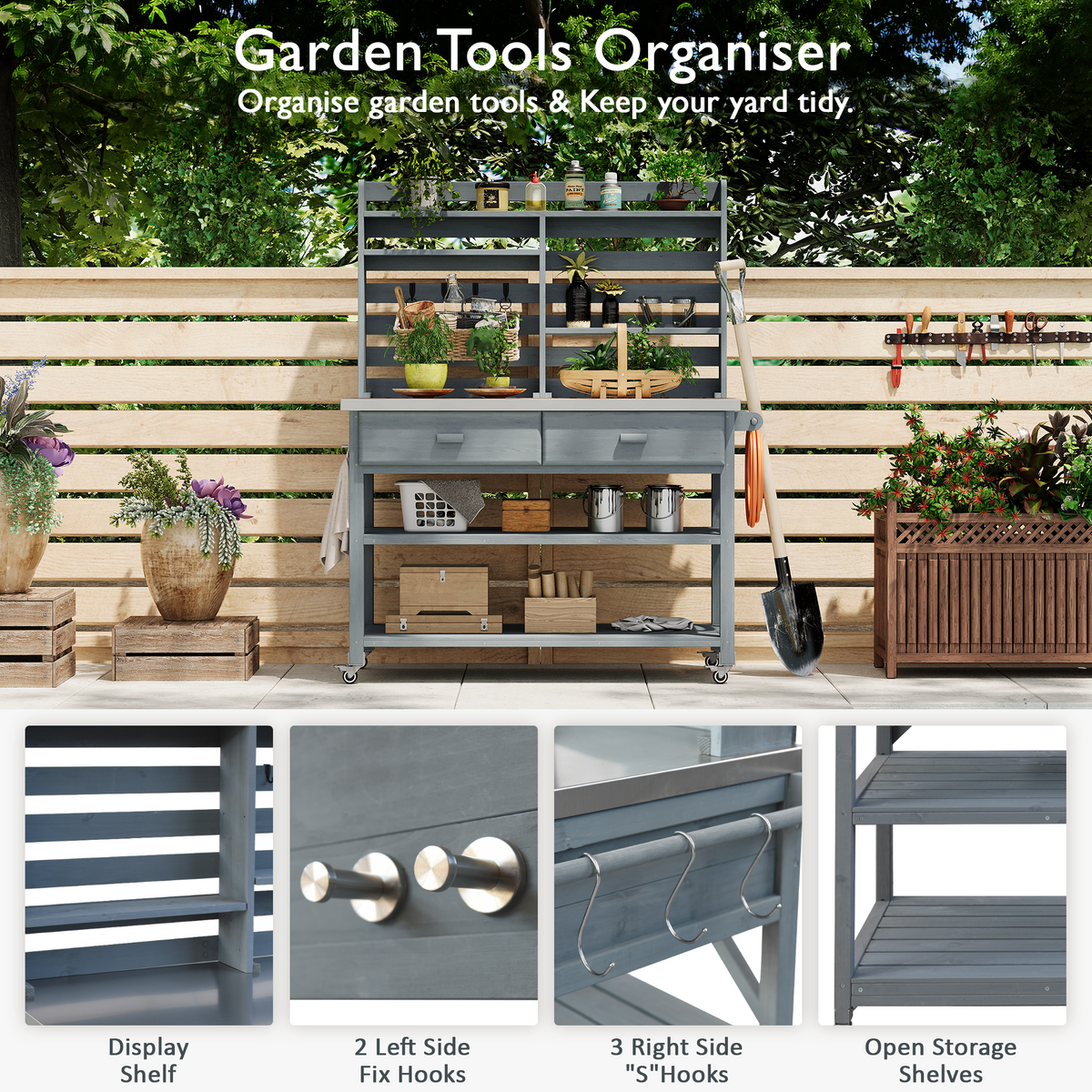 variant-group:rf-n707p228274g|Roomfitters 64.9" Outdoor Potting Bench Table, Rolling Kitchen Island with Hutch, Stainless Steel Top, Storage, Grey Blue