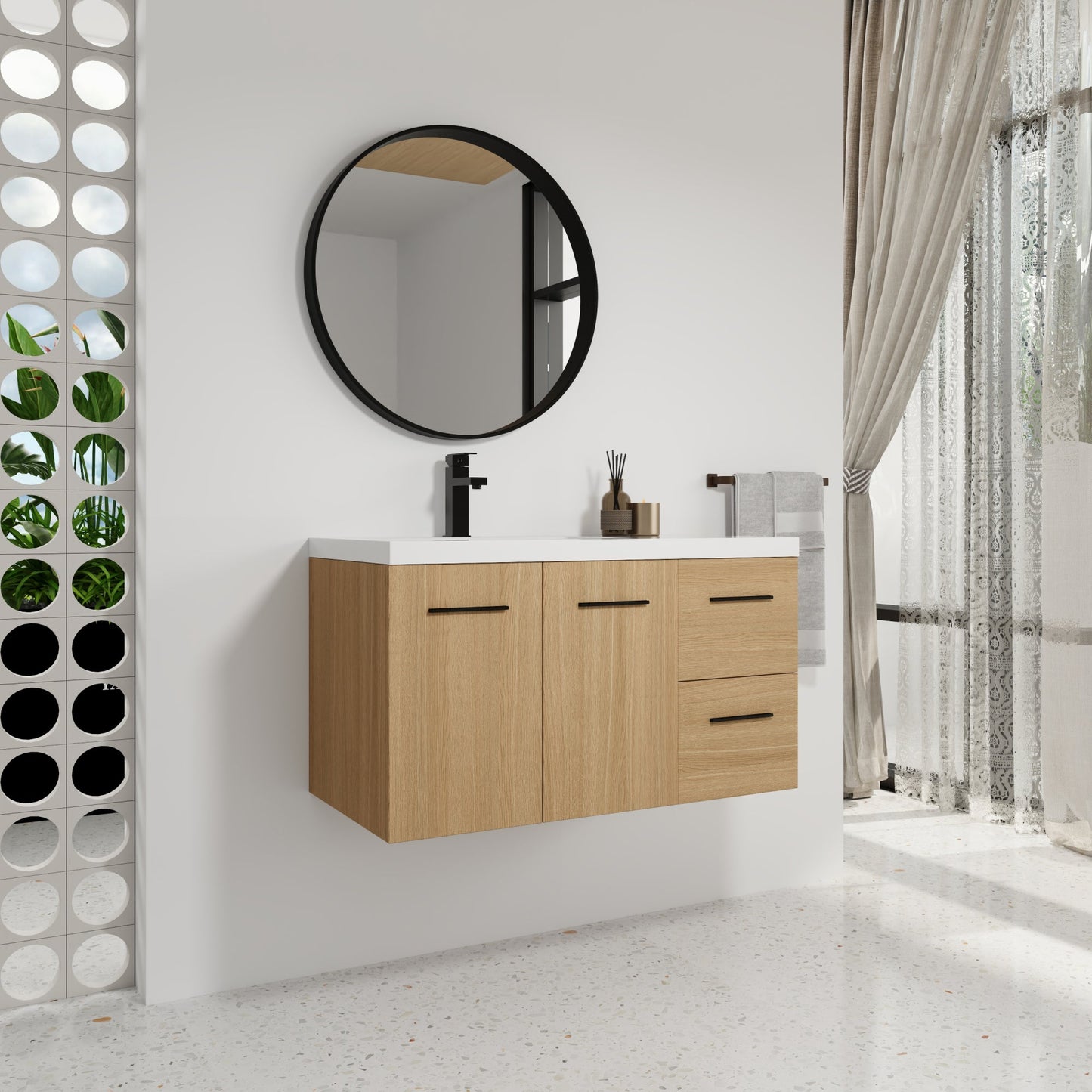 36" Wall-Mounted Floating Bathroom Vanity with Sink, Light Oak, 2-Door & 2-Drawer Modular Cabinet, Gel Coat Sink Top, 3 Boxes Roomfitters