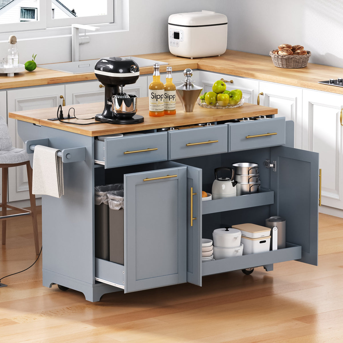 variant-group:rf-n707s299014g|Roomfitters 59.3" Kitchen Island with Power Outlet, Drop Leaf and Double Trash Can Pull Out, Rolling Cart, Grey+Blue
