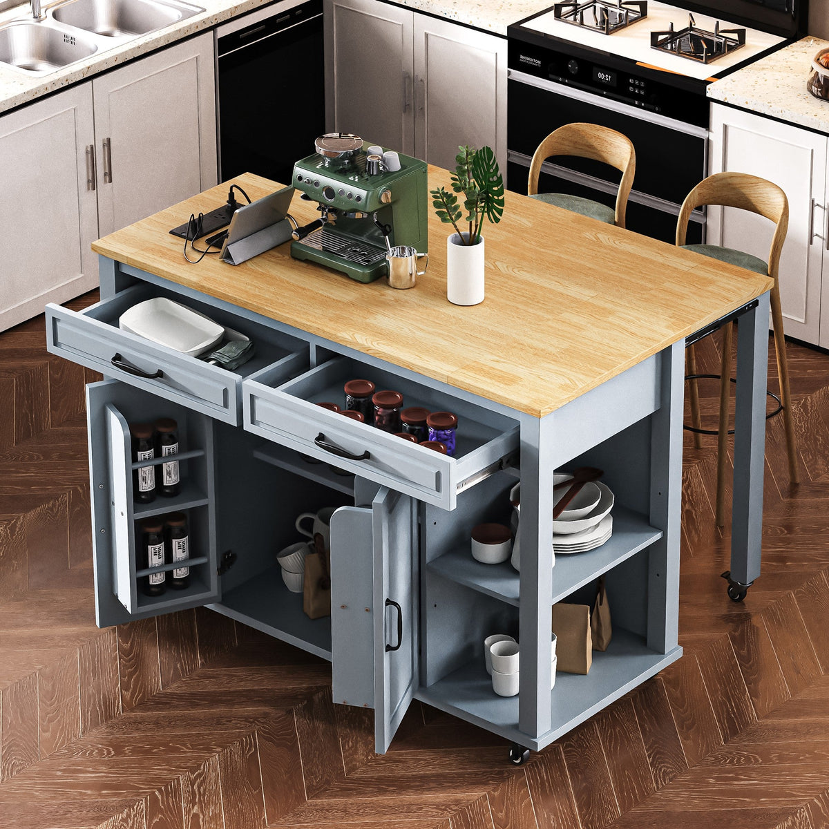 Roomfitters 47" Kitchen Island with Power Outlet and Drop Leaf, Rolling Storage Cabinet with Drawers, Modern Style, Grey+Blue