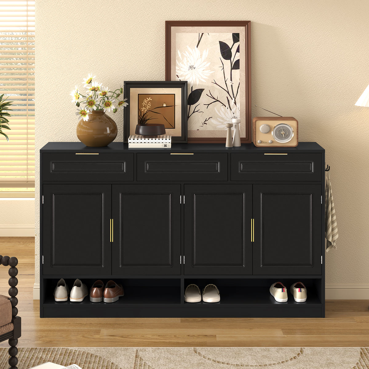 variant-group:rf-n711p345213b|Roomfitters 59.1" Farmhouse Sideboard Buffet Cabinet with 3 Drawers and 4 Doors, Kitchen Storage with Open Shelf, Black