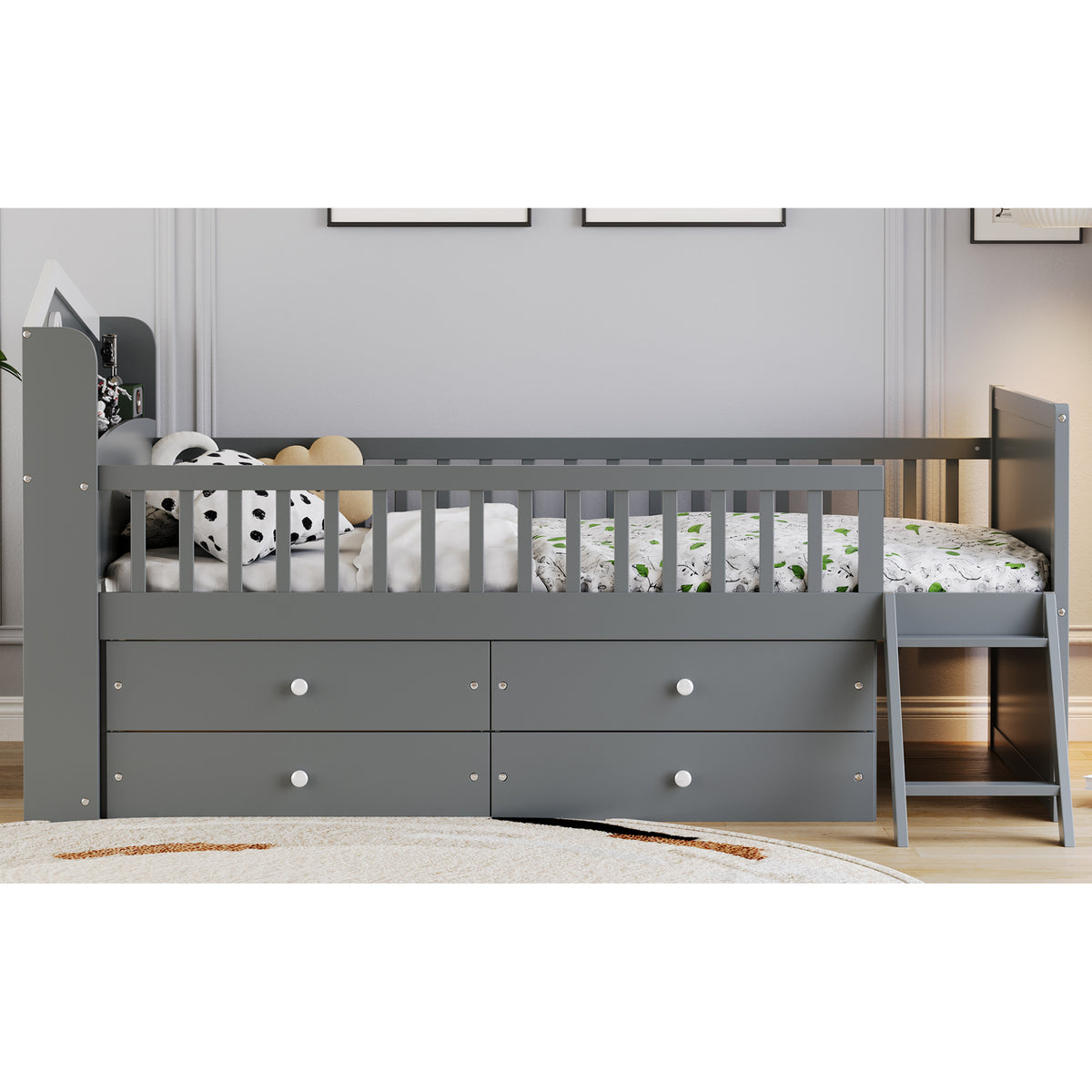 variant-group:rf-n733s278032e|Roomfitters Twin Platform Bed Frame with Four Drawers, Wooden Kids Bed with Guardrail Headboard and Ladder, Gray