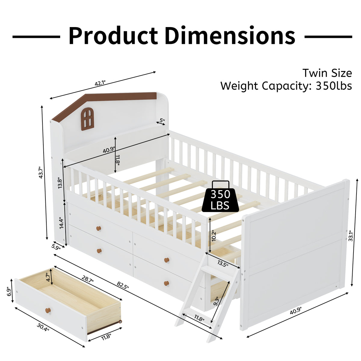 variant-group:rf-n733s278032k|Roomfitters Twin Platform Bed Frame with Four Drawers, Wooden Kids Bed with Guardrail Headboard and Ladder, White