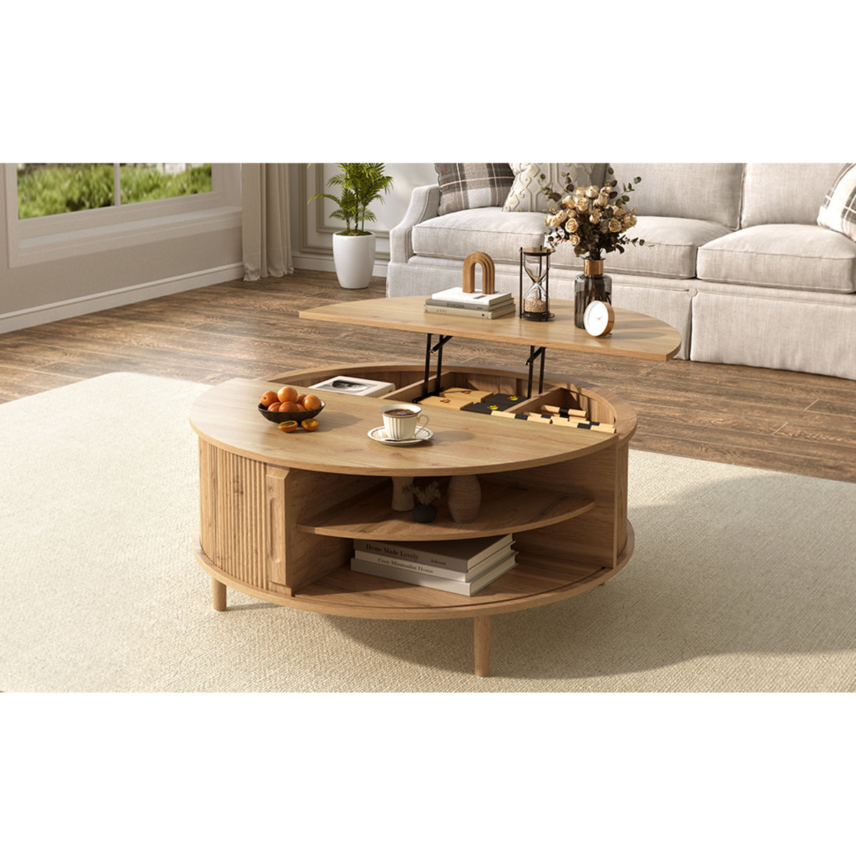 variant-group:rf-n724p416053d|Roomfitters Minimalist Round Lift-Top Coffee Table with Side Sliding Door, Acacia Wood