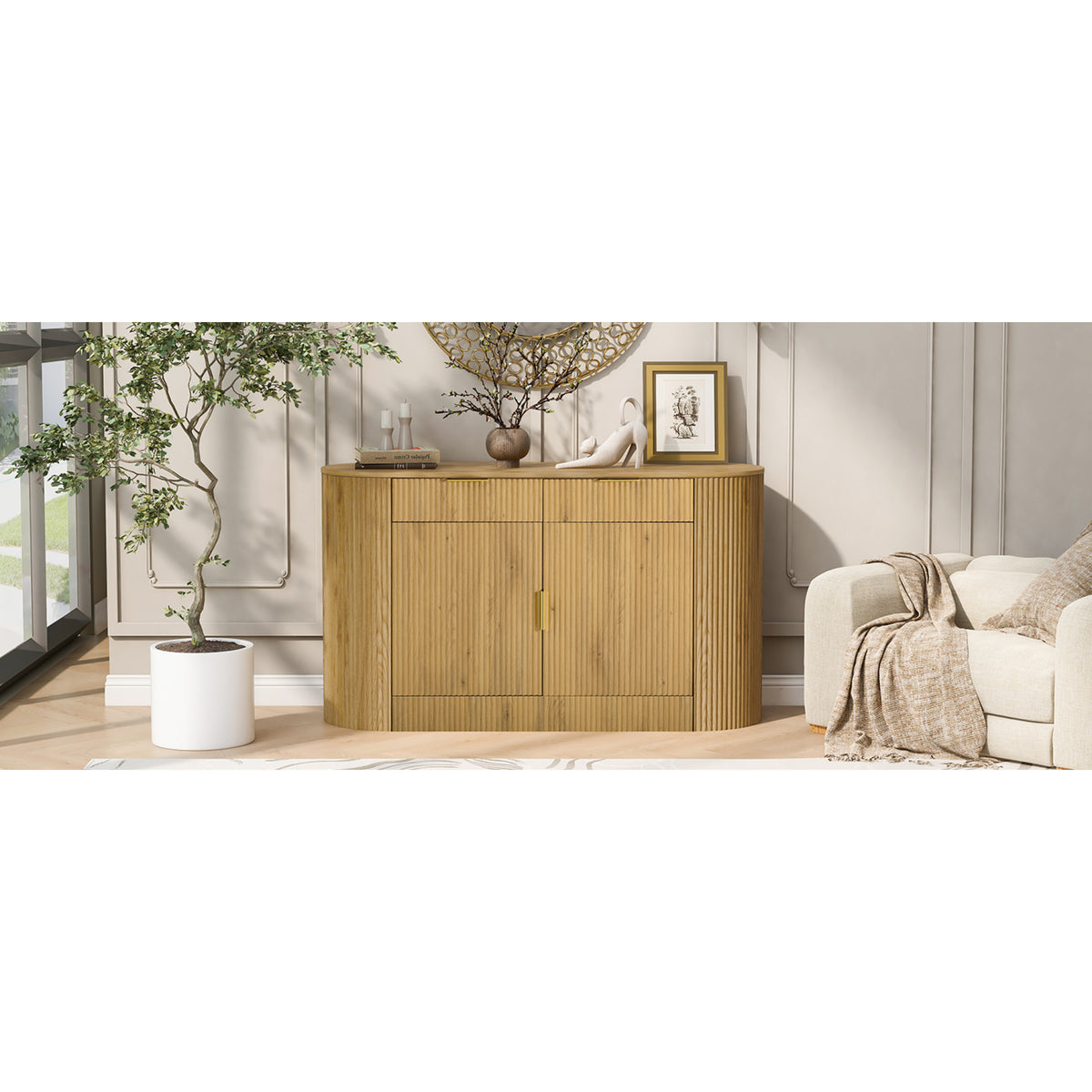 variant-group:rf-n711p345168o|Roomfitters 55.1" Oval Sideboard Buffet Cabinet with 2 Drawers & Wine Rack, Mid-century Modern Fluted Accent for Dining, Natural
