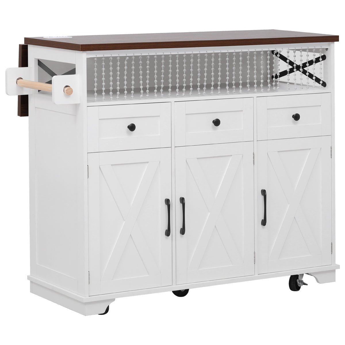 variant-group:rf-n707p254872w|Roomfitters 46.5" Rolling Kitchen Island with Drop Leaf, Mobile Cart with 2 AC Outlets & USB, Beaded Drape & 3 Drawers, White