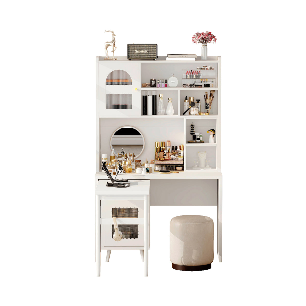 variant-group:rf-n733s363716k|Roomfitters Rotating L-Shaped Computer Desk with Shelves and Storage, 90° Swivel Office Writing Desk, White