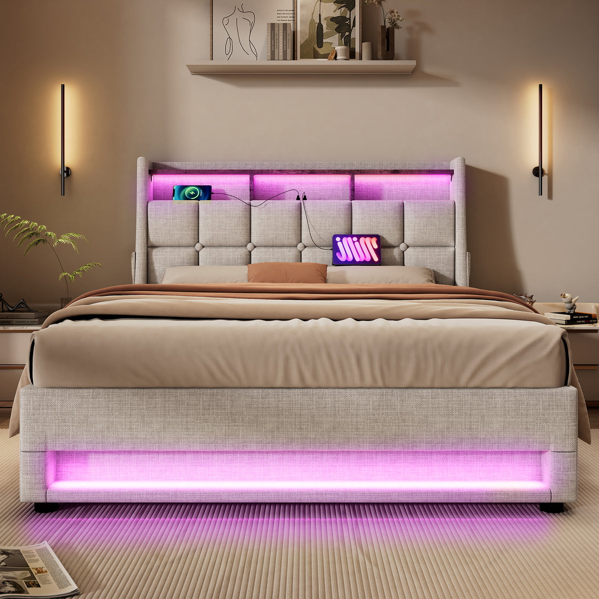 variant-group:rf-n736aa20690708b|Roomfitters Full Size Upholstered Platform Bed with Storage System, USB Charging Ports, Natural