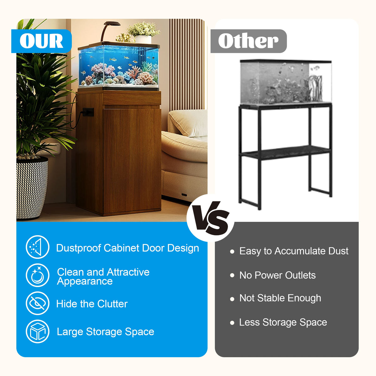 Roomfitters 10-15 Gallon Small Fish Tank Stand with Storage Cabinet and Side Power Outlets Walnut Brown Roomfitters