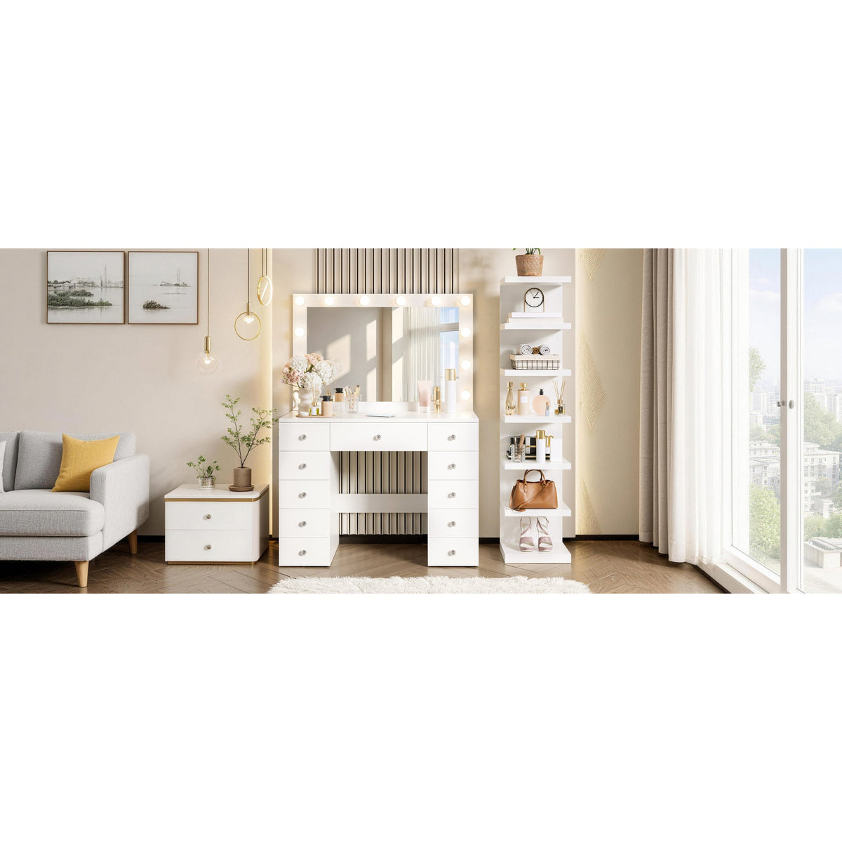 Roomfitters White Makeup Vanity Desk with 11 Hollywood LED Bulbs 7-Tier Side Storage Display Shelves and 11 Drawers Roomfitters
