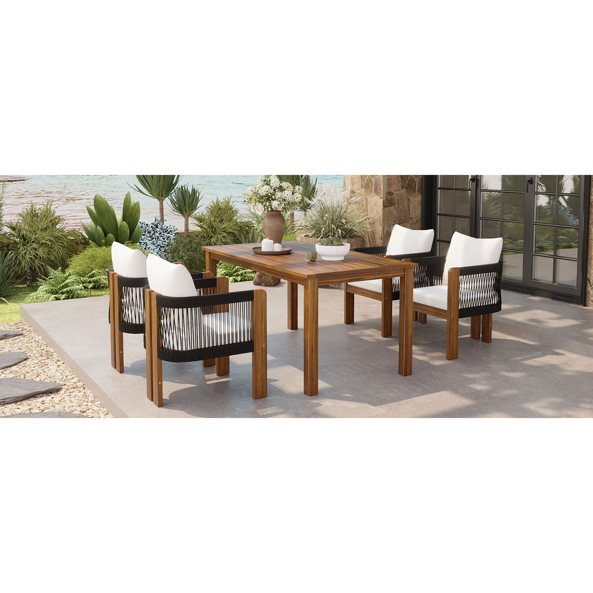 variant-group:rf-n711wy000496aab|Roomfitters 5-Piece Rope Woven Outdoor Dining Set, Farmhouse Solid Acacia Table, 4 Chairs Pack, Black and Brown