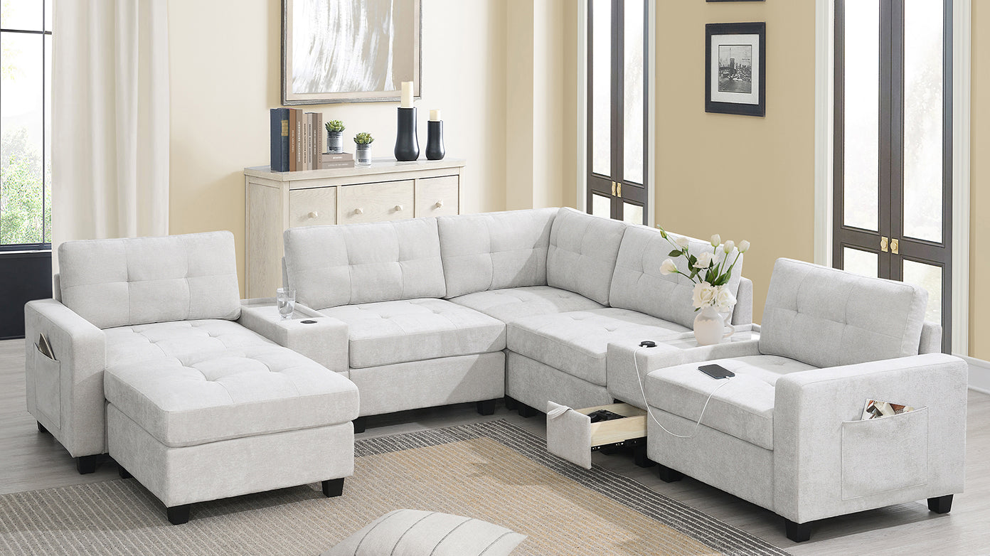 variant-group:rf-n723s1191k|Roomfitters 104 Inch Modular Sectional Sofa with Console and Cup Holders, Upholstered L-Shape Couch for Home Decor, Light Gray