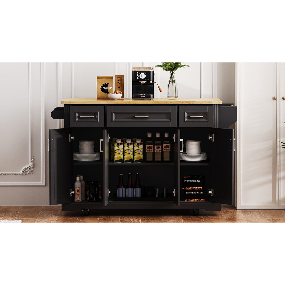 variant-group:rf-n707s195395b|Roomfitters 54" Kitchen Island with Wood Top, Rolling Storage Cabinet with 3 Drawers and 3 Doors, Spice Rack, Black