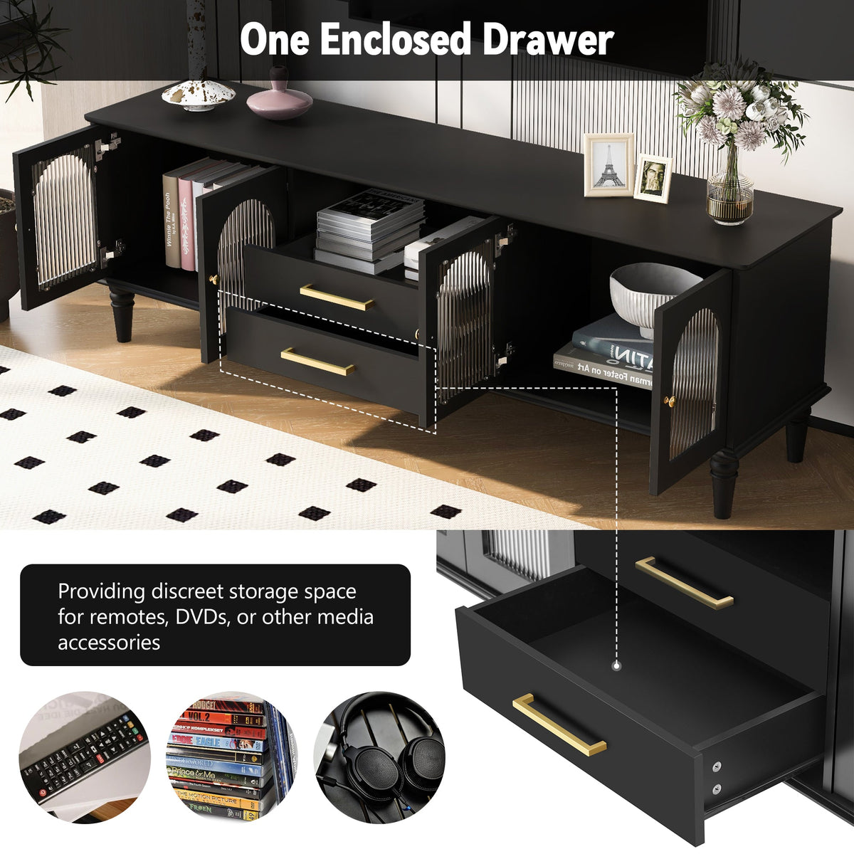 Roomfitters Retro TV Stand for up to 75 Inch TV, Fluted Glass Door Media Console with Five Wood Legs, Black Roomfitters