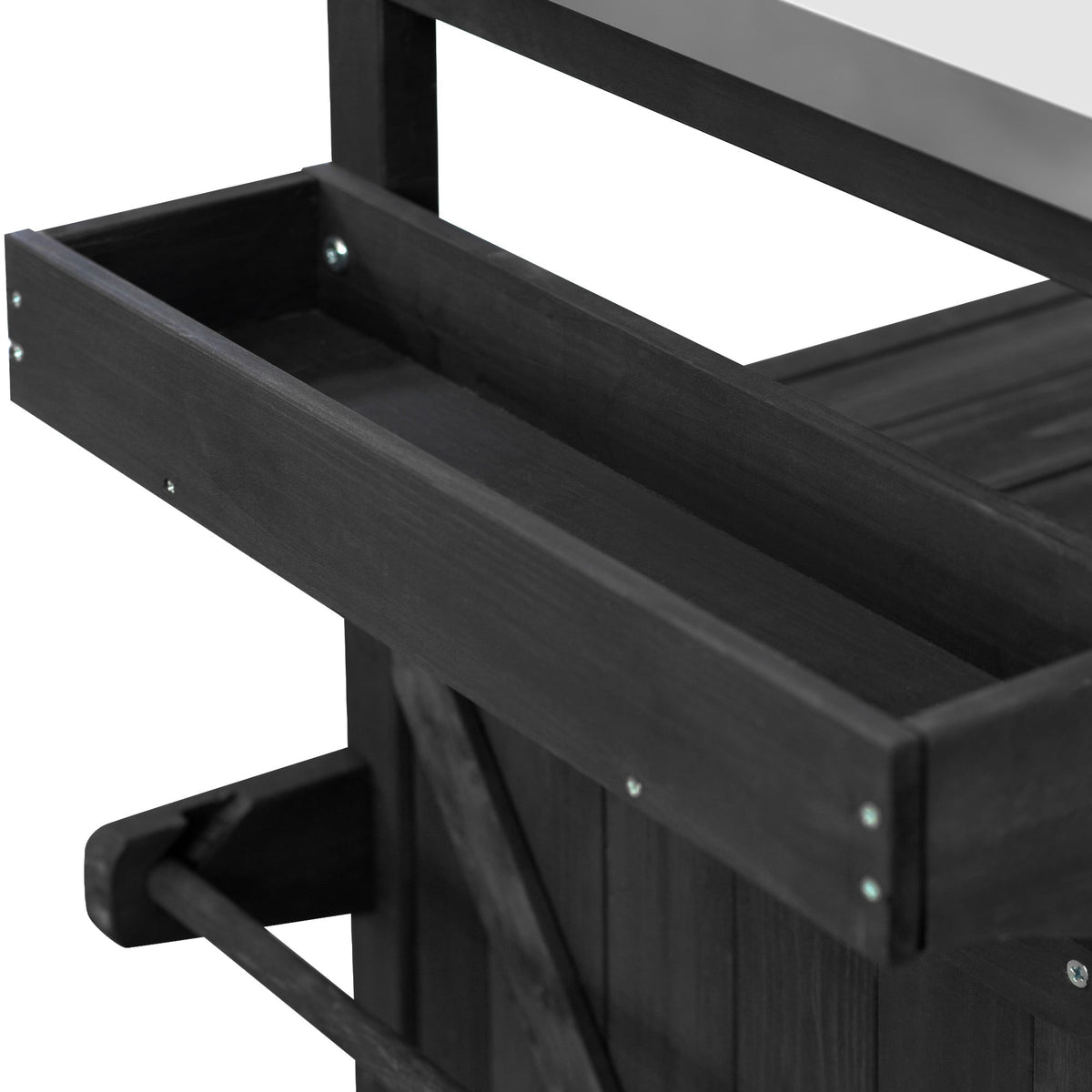 Roomfitters Outdoor Kitchen Island, Rolling Bar Cart with Storage Cabinet, Wood Grill Table, Stainless Steel Top, Spice Rack, Black