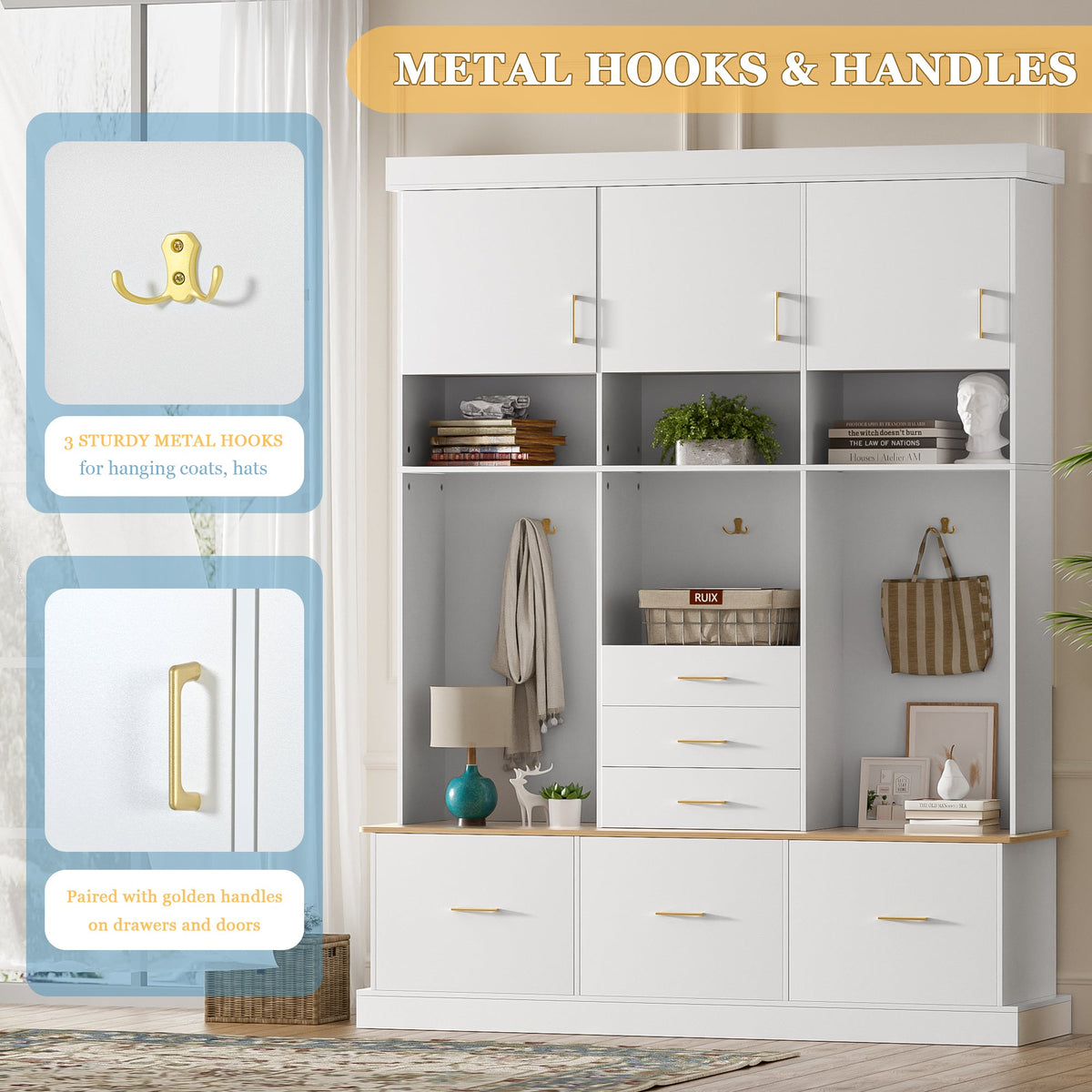 Roomfitters 5-in-1 Modern Entryway Hall Tree, 6 Drawers, 3 Wardrobe Cupboards, White Roomfitters