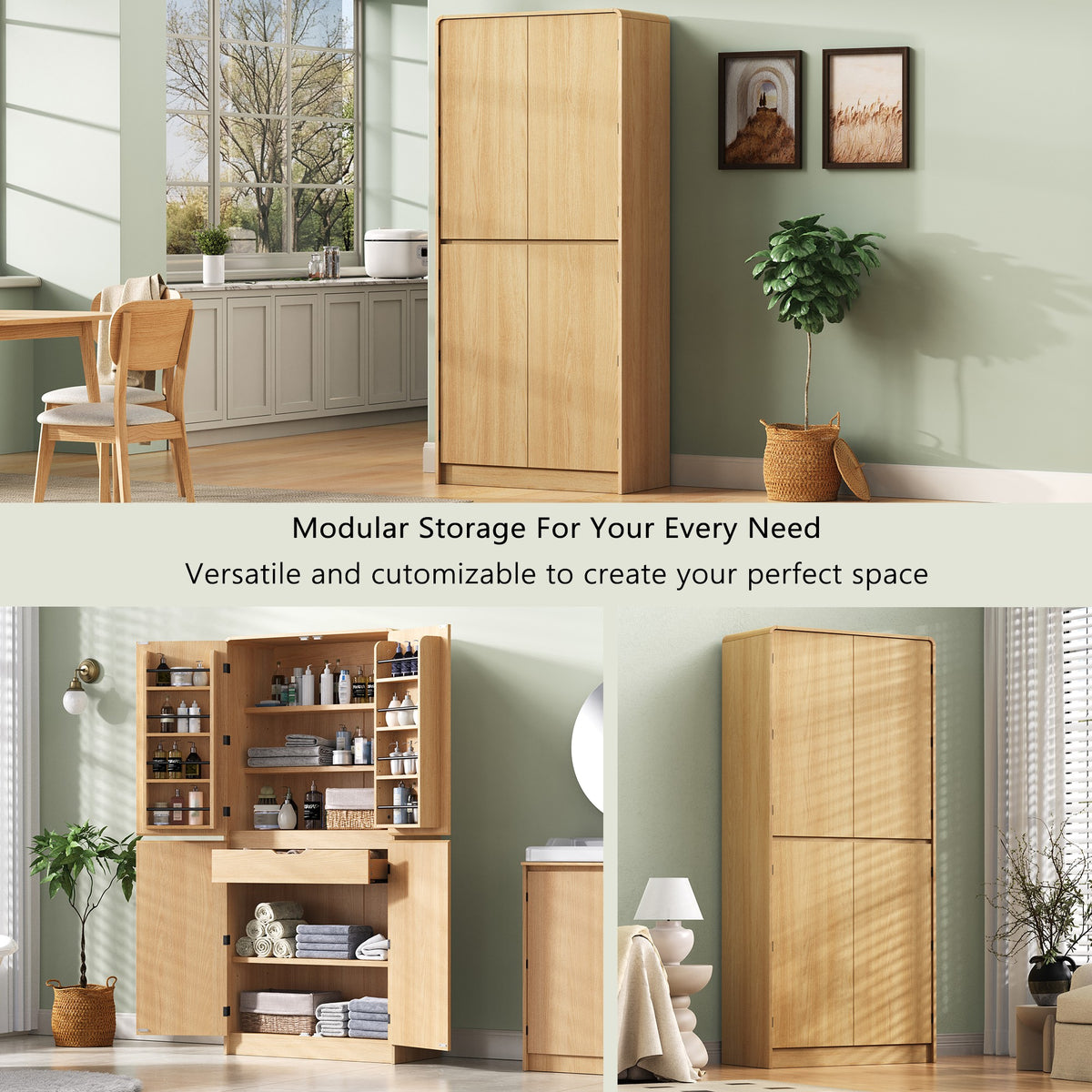 variant-group:rf-n707s000021y|Roomfitters 72" Tall Farmhouse Kitchen Pantry Cabinet with Curved Profile & 8 Door Shelves, Natural Oak