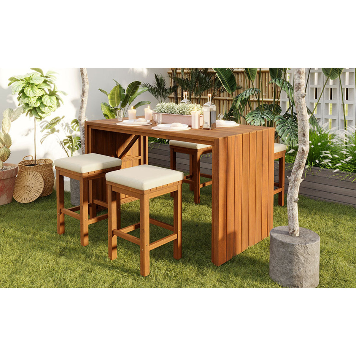 Roomfitters 5 Piece Outdoor Bar Set with High Top Dining Table and 4 Cushioned Backless Stools, Patio Furniture, Beige+Natural Roomfitters
