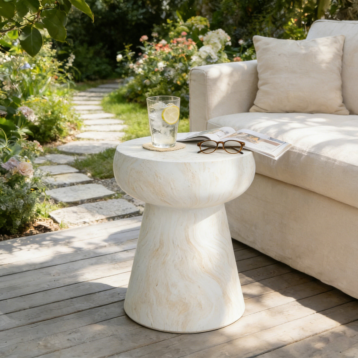 variant-group:rf-n711p422070m|Roomfitters Modern Yellow Mushroom Concrete Side Table, Geometric Pedestal End Table, MgO Travertine Texture Stool