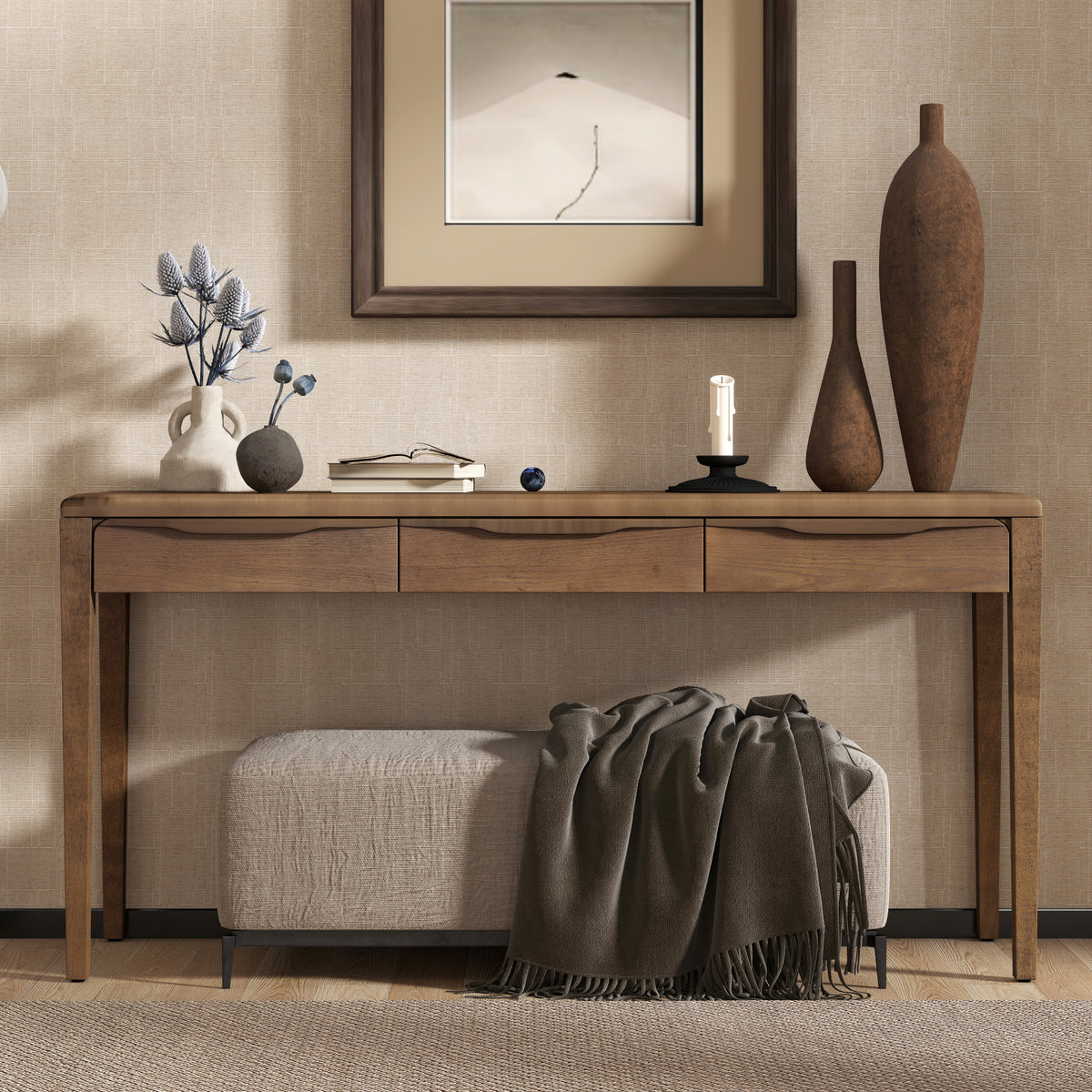 variant-group:rf-n711p401926d|Roomfitters Light Luxury Brown Oak Veneer Console Table with 3 Wavy Curved Drawers and Soft Rounded Corners