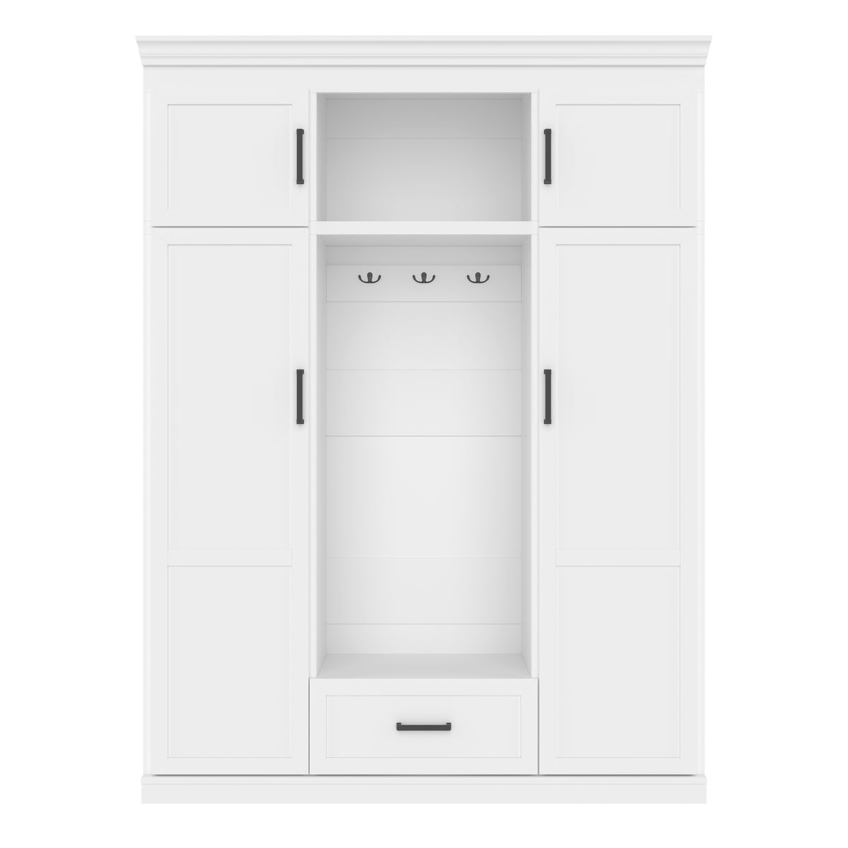 variant-group:rf-n724sj000140aak|Roomfitters 85.2" Hall Tree with Bench, 3 Hooks, 4 Doors, 1 Drawer and Adjustable Storage Shelves, White