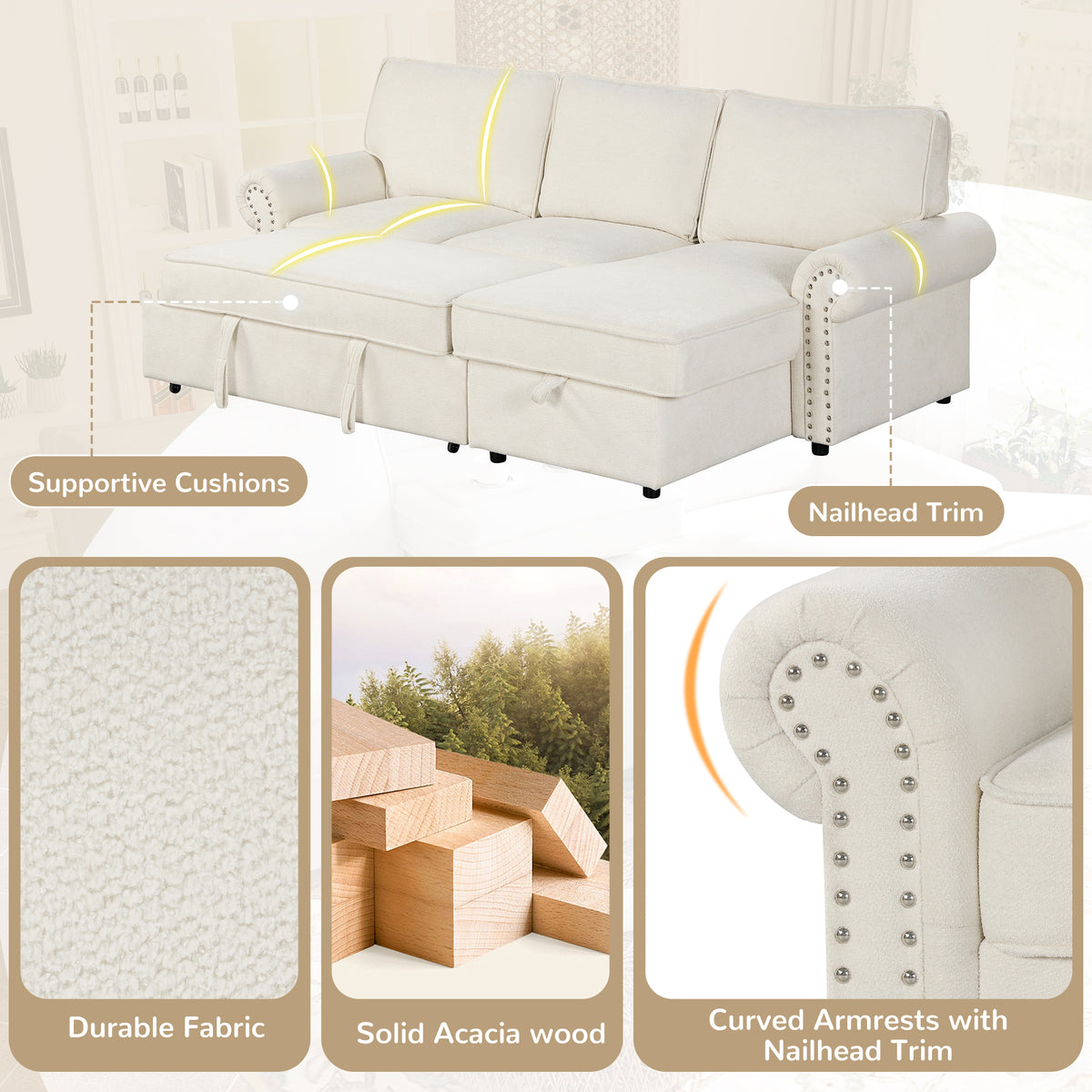variant-group:rf-n711wy000466aaa|Roomfitters 95" Convertible Sectional Sleeper Sofa L-Shaped Couch with Storage Chaise and Pull Out Bed for Living Room, Beige
