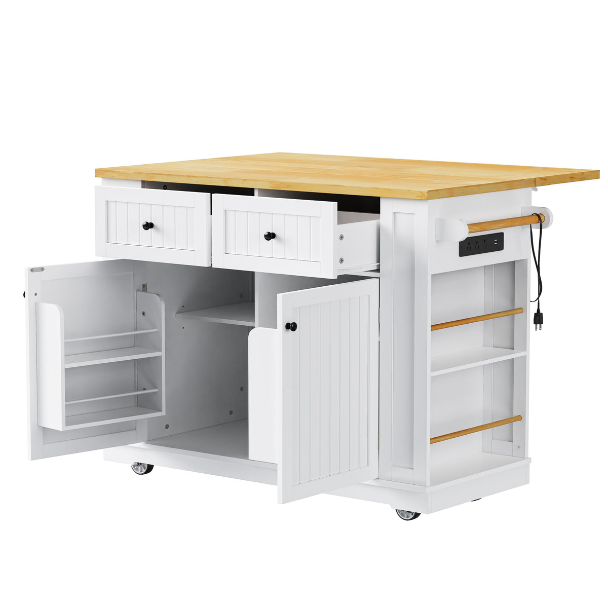 Roomfitters 48" Kitchen Island with 2 Bar Stools, Drop Leaf, Power Outlet, Rolling Cart with Side Shelves, White