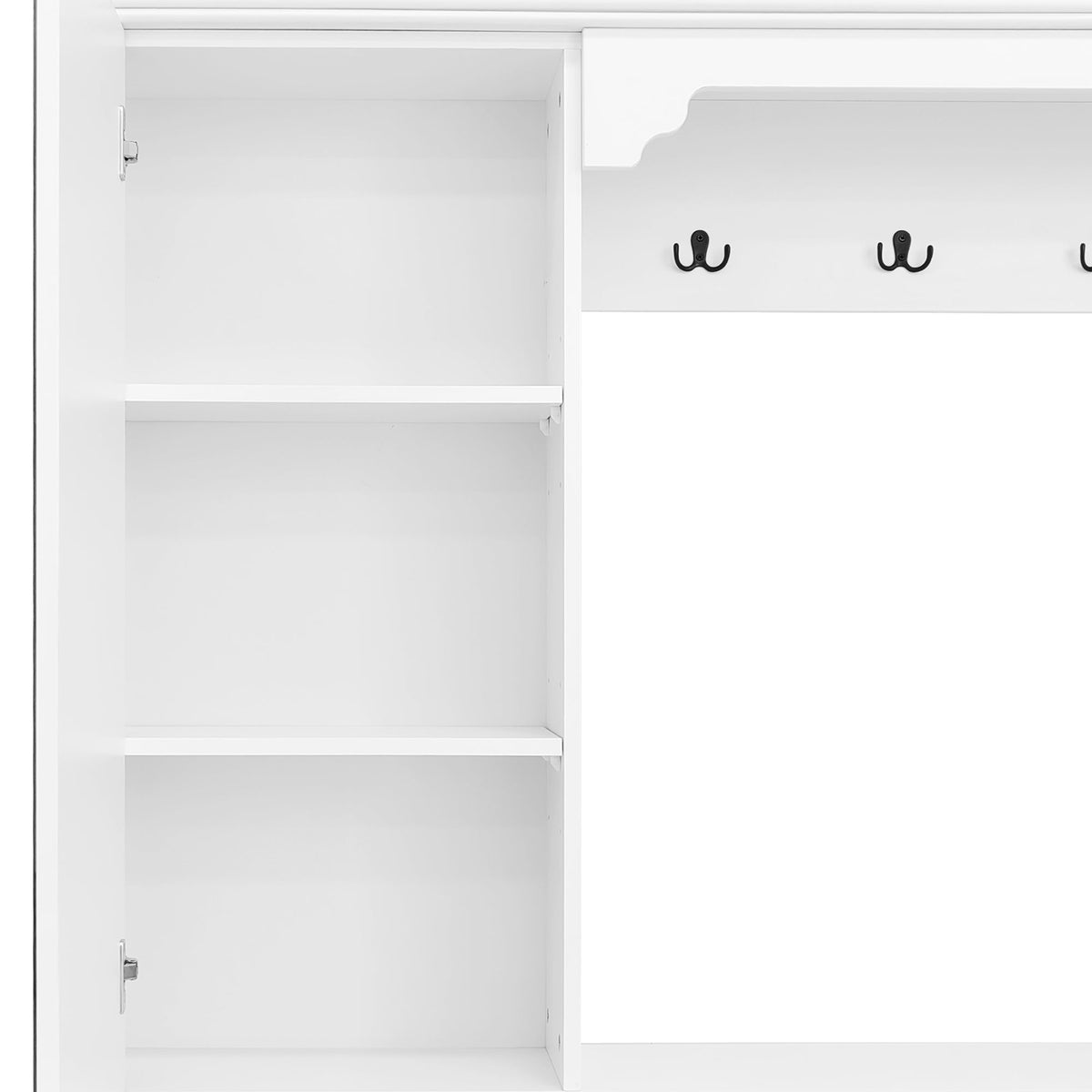 Roomfitters Hall Tree with Shoe Cabinet and Mirrored Door, 4 Hooks and Bench Storage Organizer, White Roomfitters