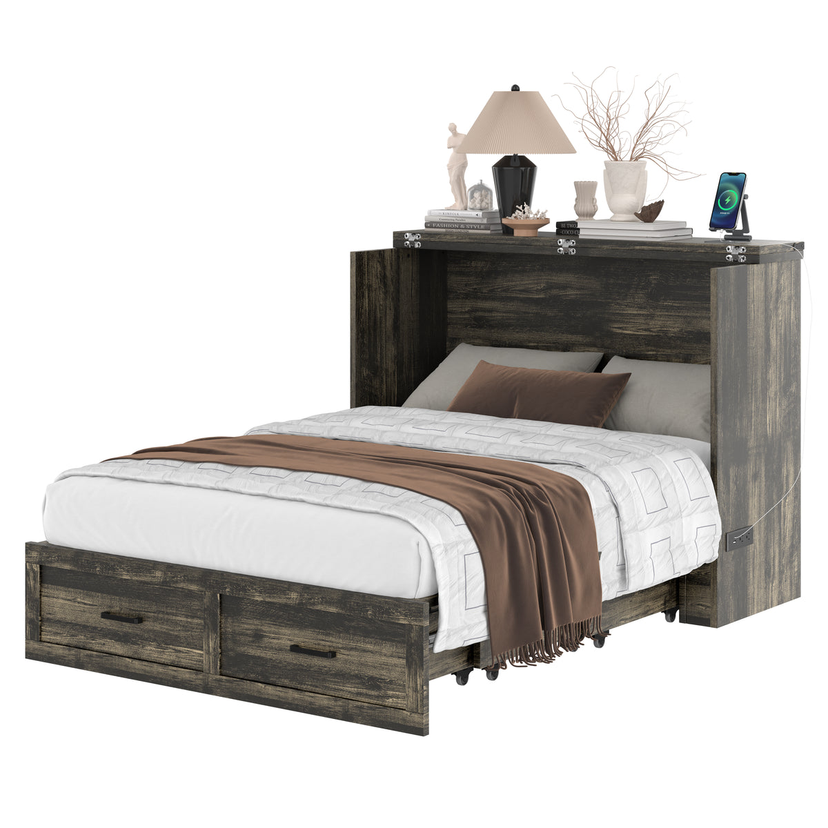 variant-group:rf-n733s293995g|Roomfitters Full Size Murphy Bed Cabinet with Charging Station, Foldable Platform Bed with Storage Drawer, Rustic Gray