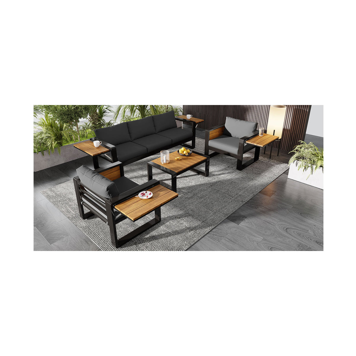 variant-group:rf-n704g201257e|Roomfitters 4-Piece Aluminum Patio Conversation Set with Four Fold-Out Side Trays and Slatted Coffee Table Gray