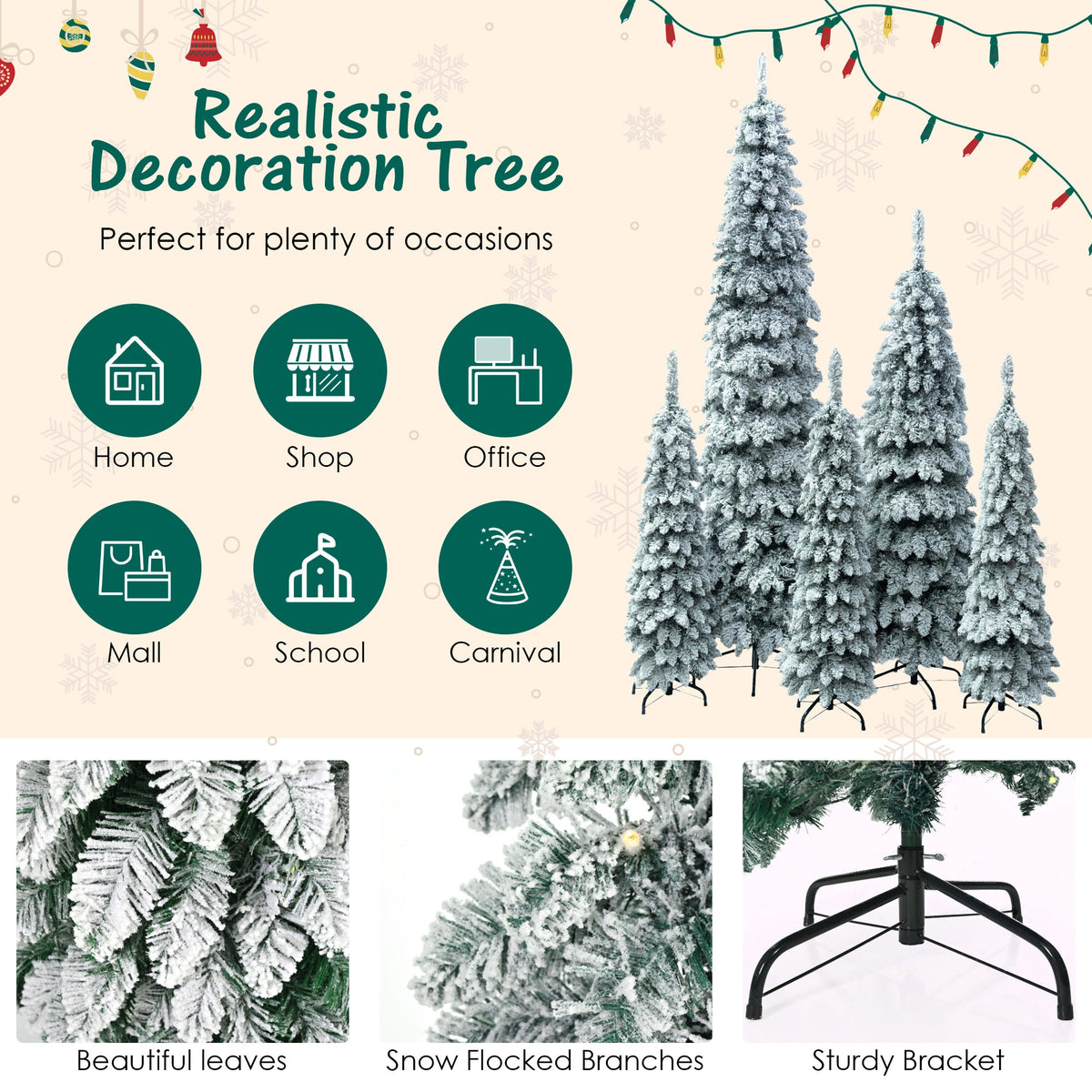 Roomfitters Pre-Lit Pencil Christmas Tree Set 8FT 6FT 4FT, 5-Pack Slim Snow-Flocked Artificial Trees with 1820 Tips, White Roomfitters
