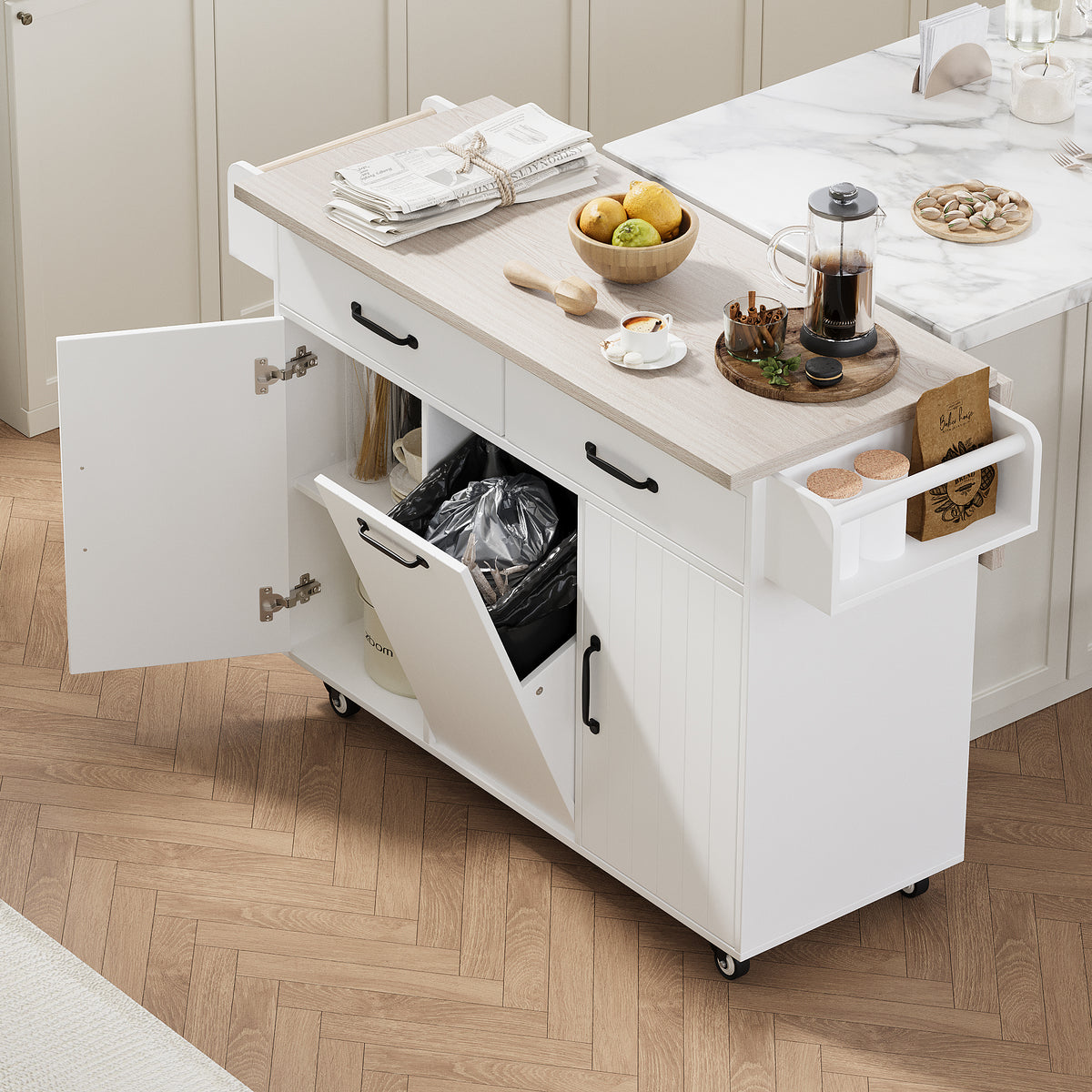 variant-group:rf-n707wf326381aaw|Roomfitters Kitchen Island with Trash Can Storage Cabinet, Grey - Drop Leaf, Spice Rack, Towel Rack, Drawer, Adjustable Shelf, Rolling Island on Wheels, Ameican White Oak