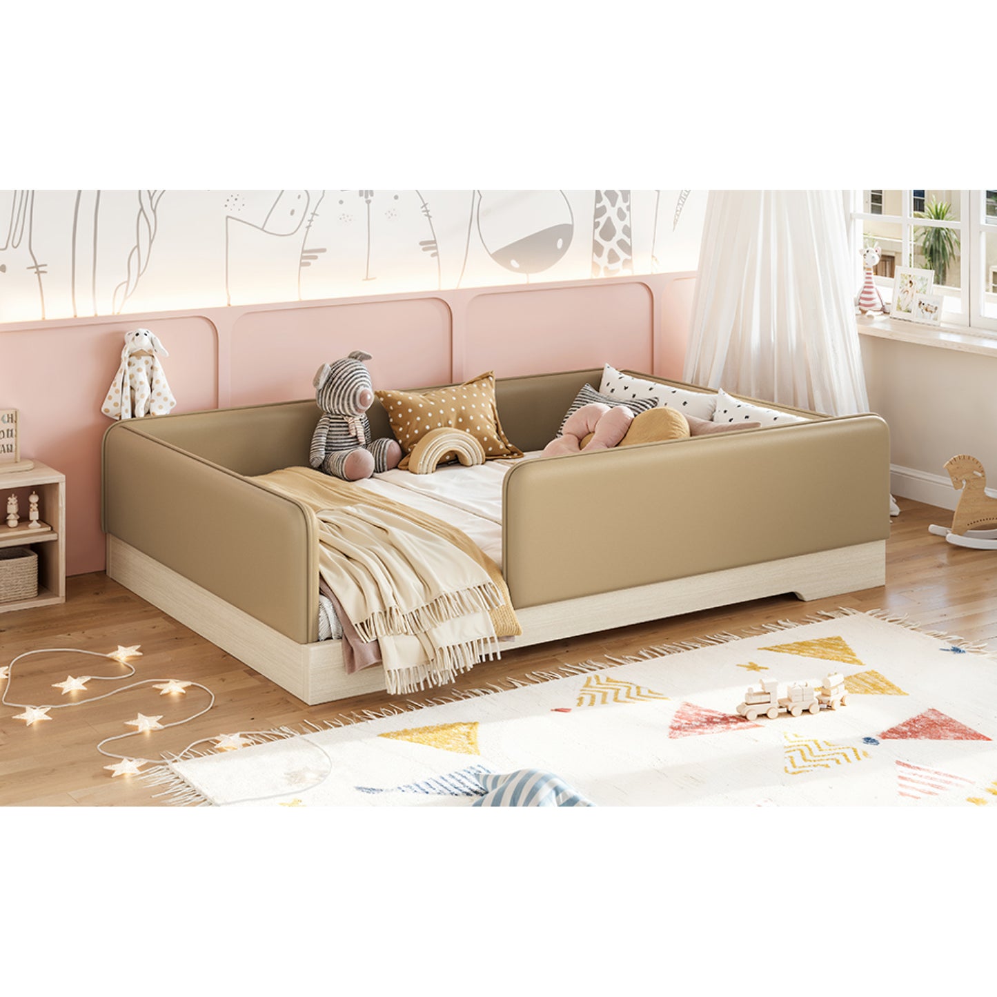 variant-group:rf-w1580s00670|Roomfitters Full Size Upholstered Floor Bed Frame with Removable Guardrails, Faux Leather Low Profile Platform, Brown