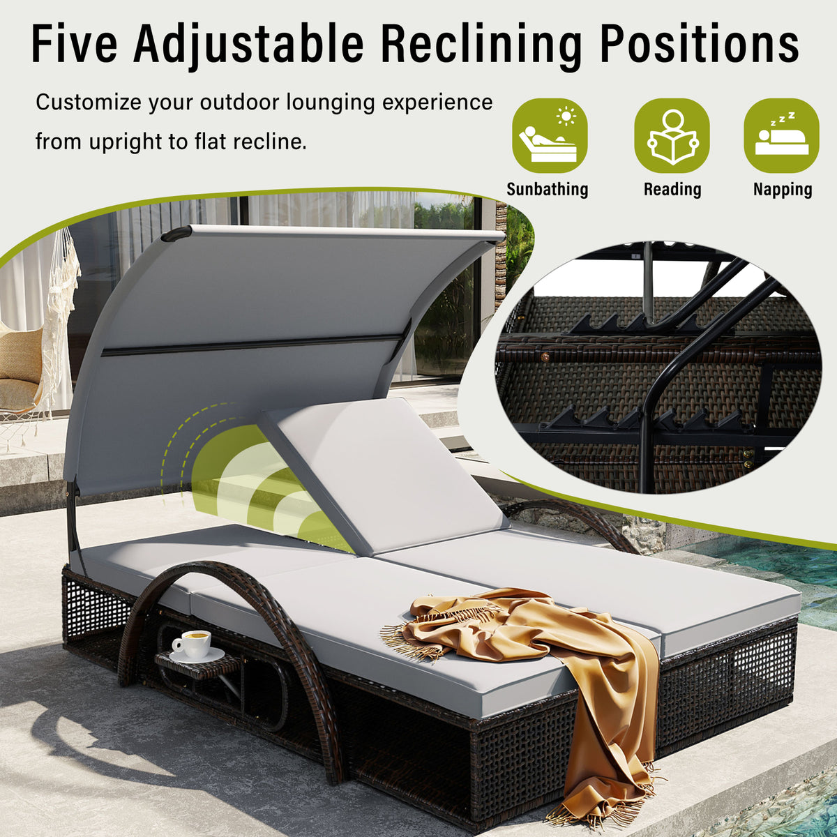 variant-group:rf-n711wy000485aae|Roomfitters Slate Grey HDPE Wicker Outdoor Double Sunbed, Steel Frame Patio Chaise, Hidden Side Tables, Canopy