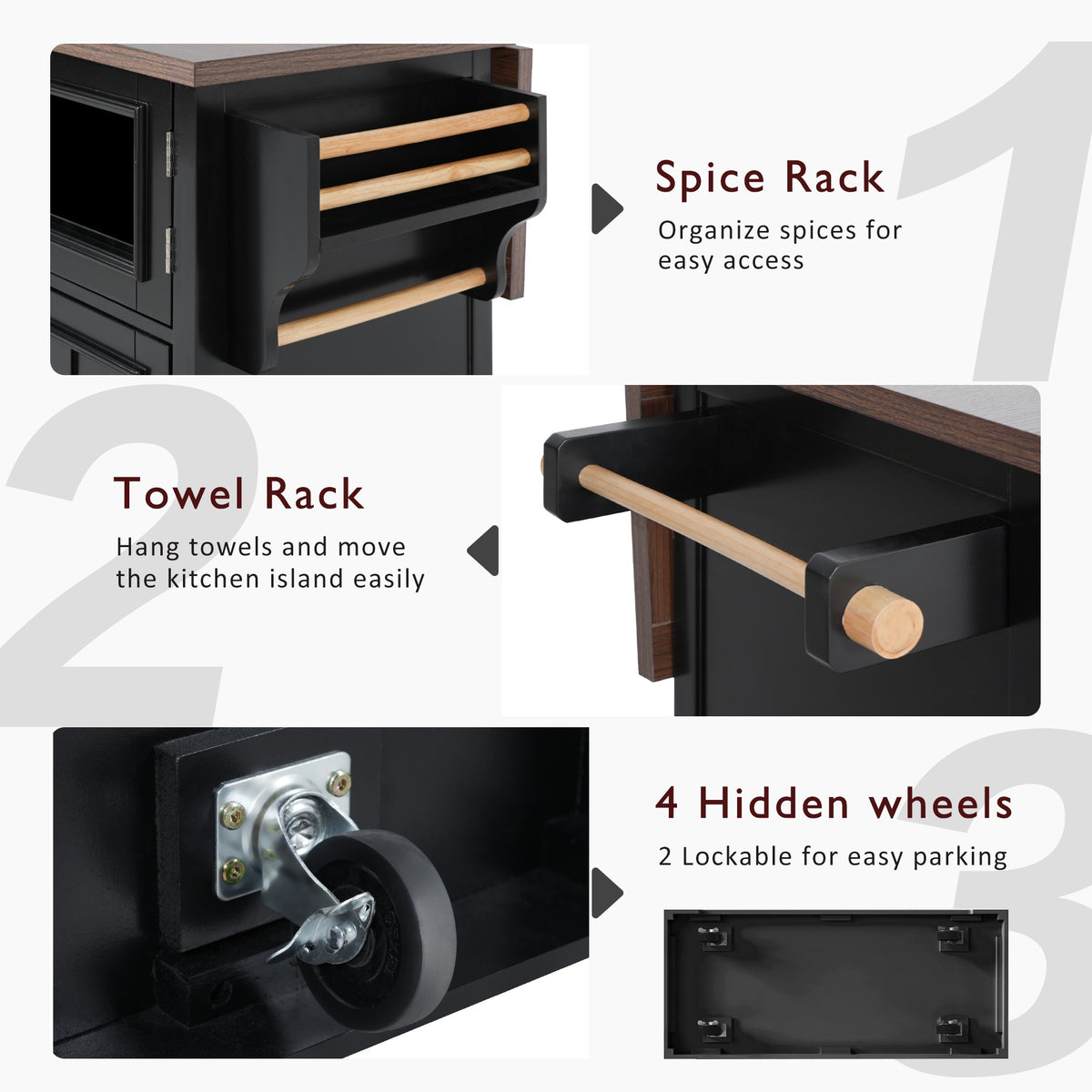 variant-group:rf-n707s300277b|Roomfitters 54.9" Kitchen Island with Drop Leaf, Rolling Kitchen Cart with Barn Door and Glass Door, Storage Cabinet, Black