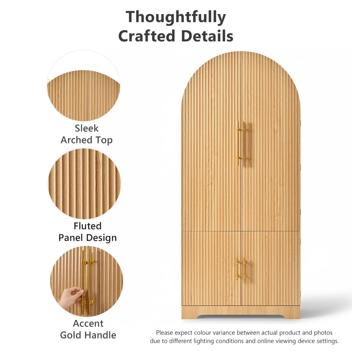 variant-group:rf-n707s000020y|Roomfitters 72" Tall Arched Kitchen Pantry Cabinet with Fluted Doors & Hidden Drawer, Natural