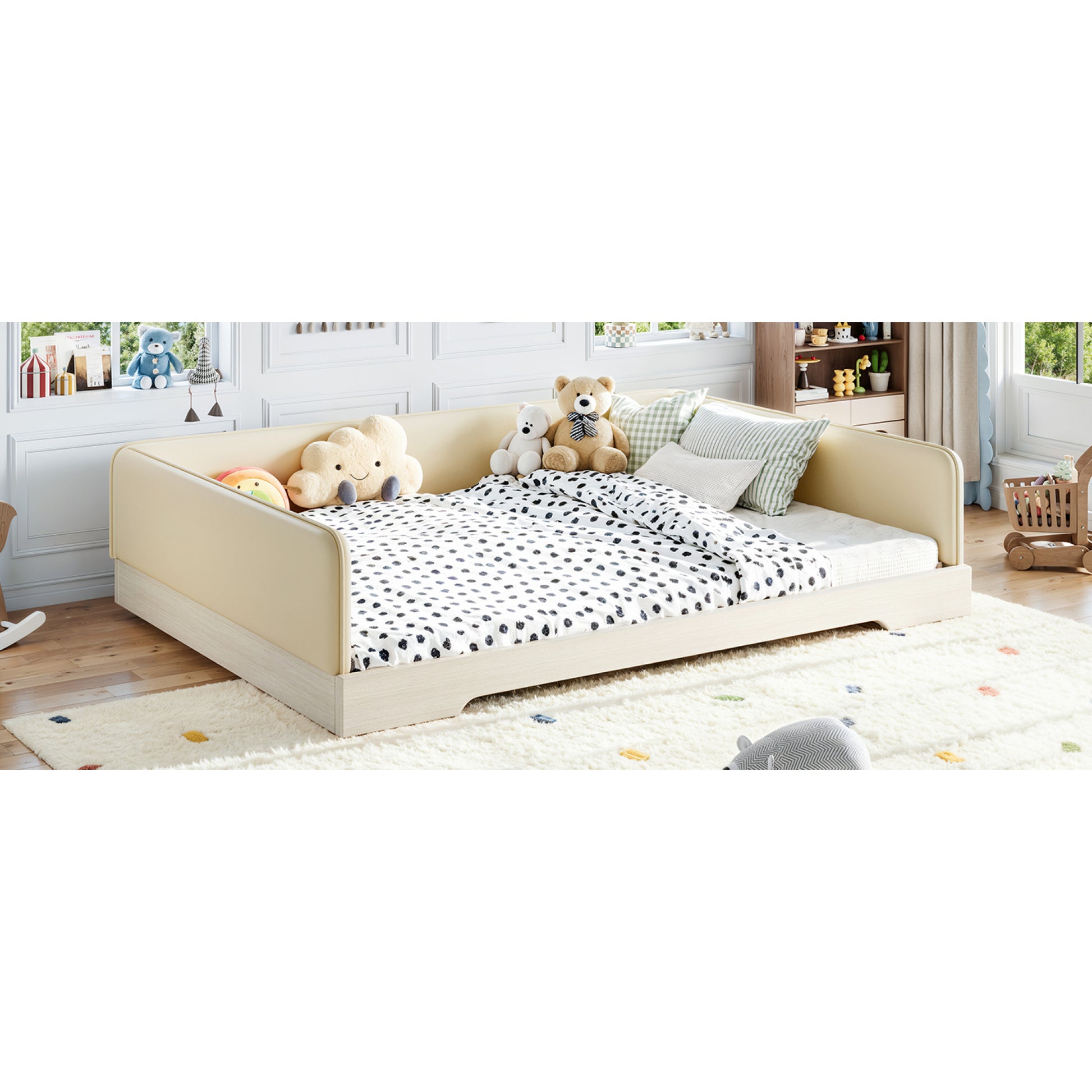 variant-group:rf-w1580s00673|Roomfitters Queen Size Upholstered Floor Bed Frame with Removable Guardrails, Faux Leather Low Profile Platform, Beige