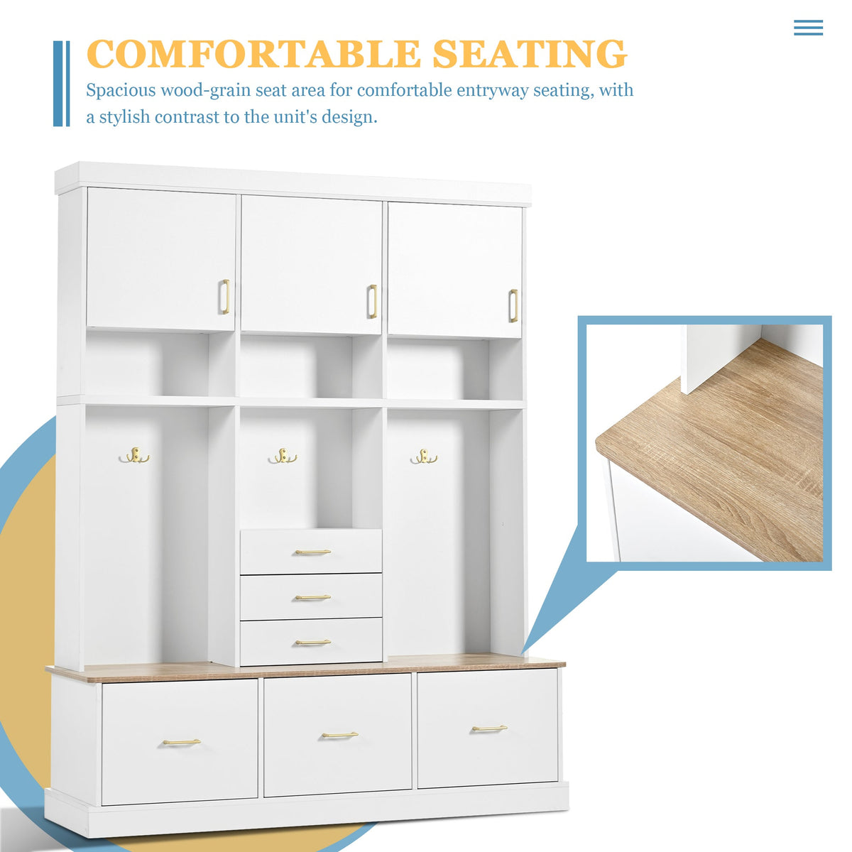 Roomfitters 5-in-1 Modern Entryway Hall Tree, 6 Drawers, 3 Wardrobe Cupboards, White Roomfitters