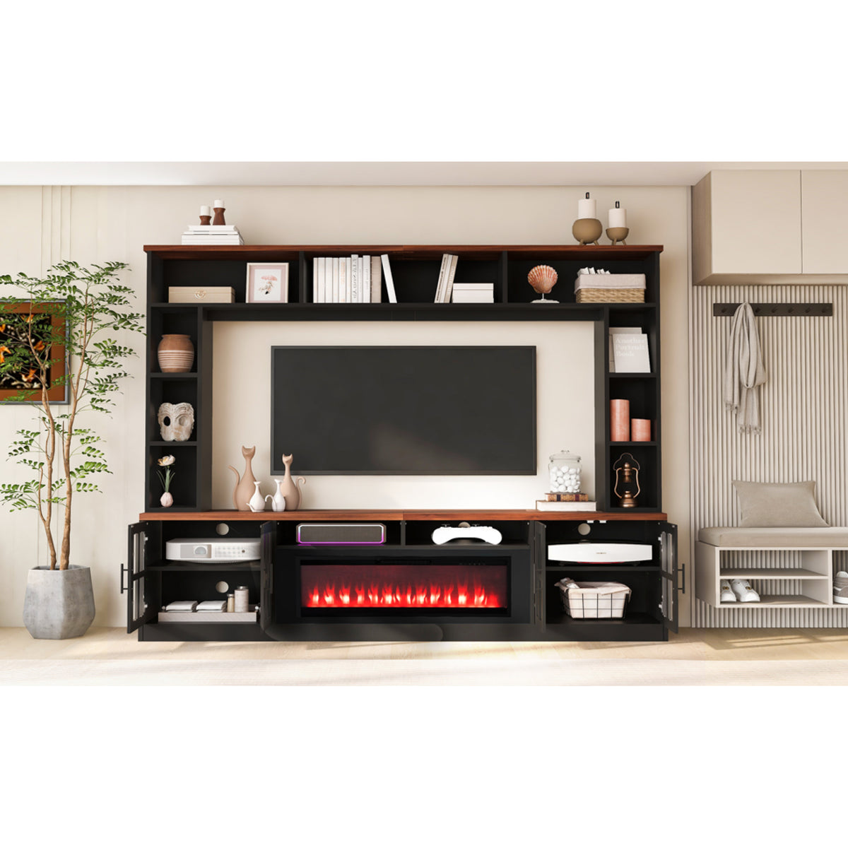 variant-group:rf-n724sj000159aab|Roomfitters 95.5"W Large Wall Unit Entertainment Center, 39" LED Fireplace, Black & Brown
