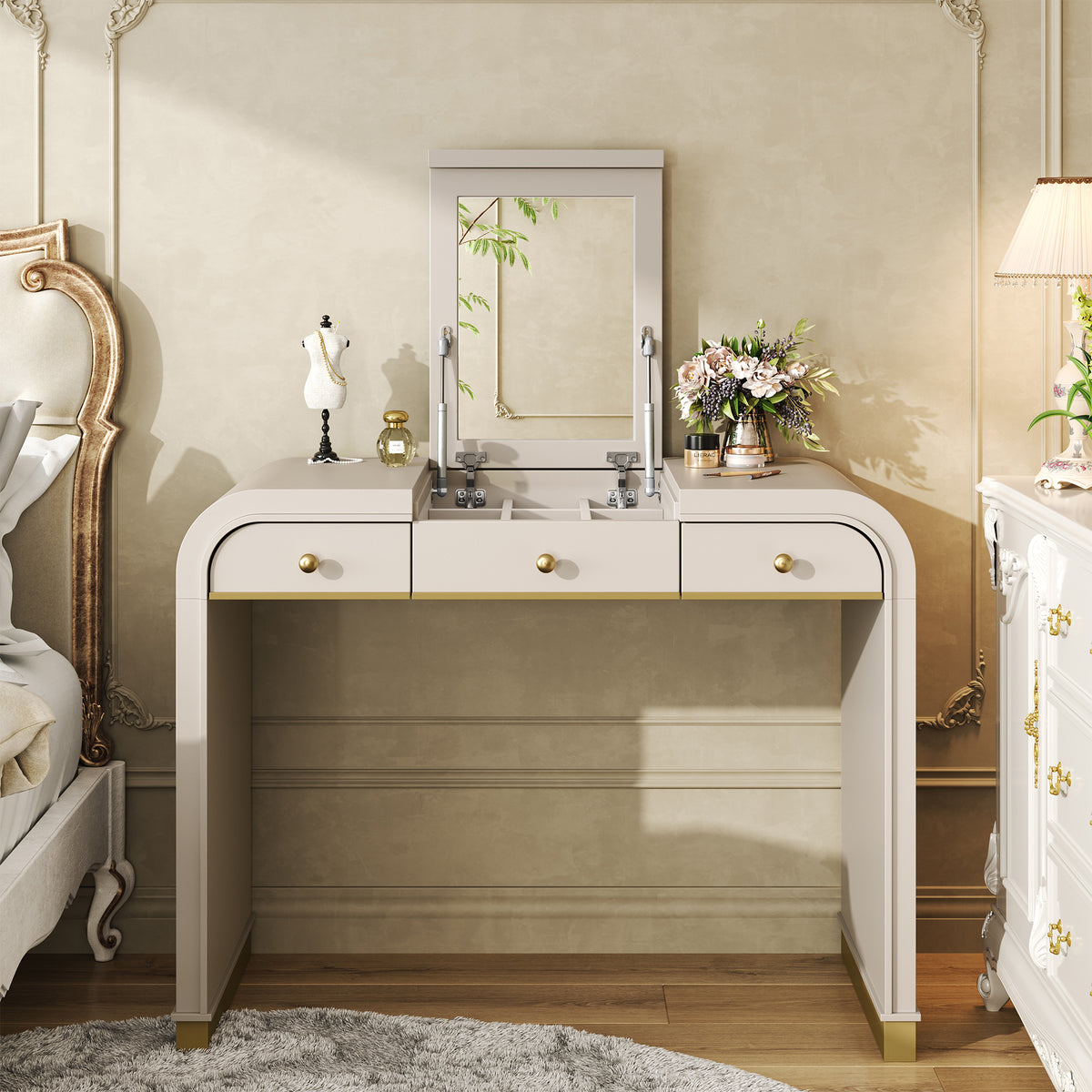 variant-group:rf-n704p381406c|Roomfitters Flip Top Vanity Desk with Mirror and Hidden Storage, Modern Makeup Table with Gold Trim for Small Space, Champagne