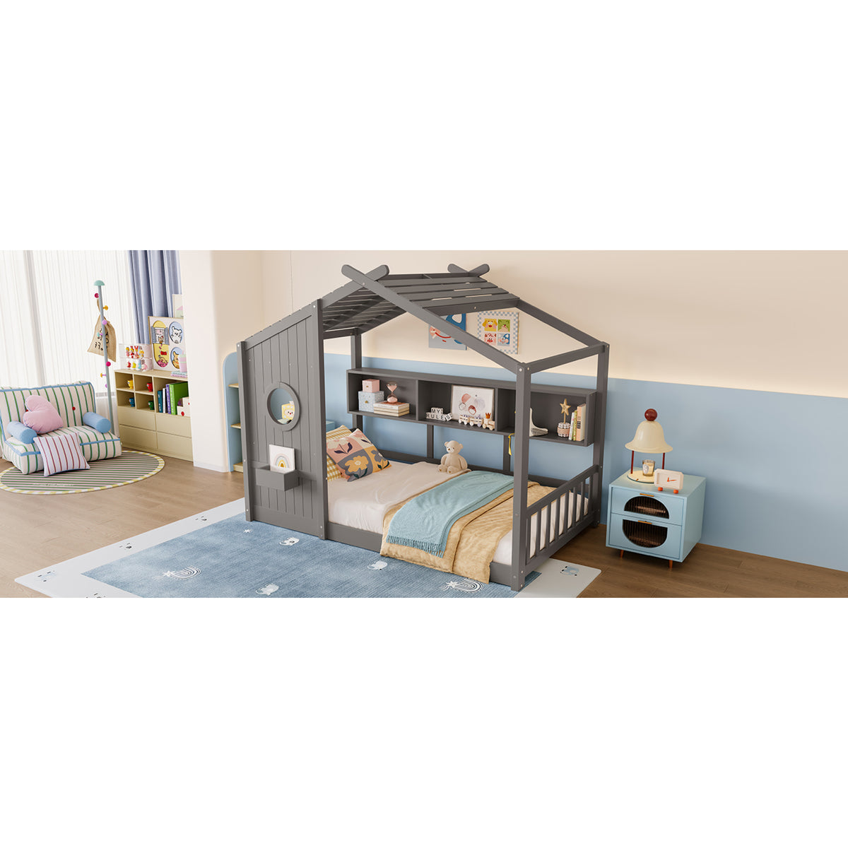 variant-group:rf-n733p335064e|Roomfitters Twin Size Floor House Bed with Storage Shelf and Roof Design, Montessori Playhouse Bed, Gray