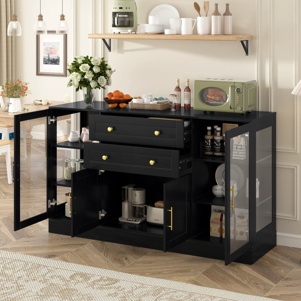 variant-group:rf-n711p437648b|Roomfitters Contemporary Black Melamine MDF Buffet Sideboard Storage Cabinet Acrylic Doors Dining Room Kitchen Console