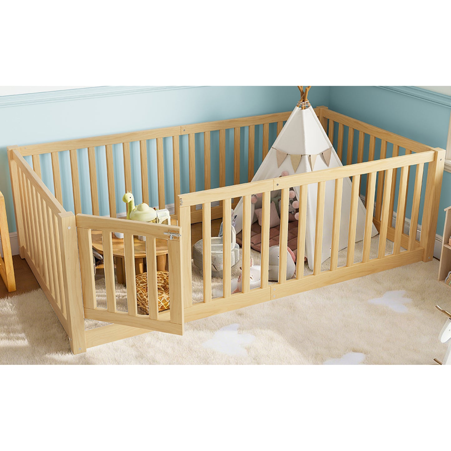 variant-group:rf-w1580p417669|Roomfitters Twin Size Wooden Floor Bed with Safety Guardrails Door, Solid Wood Low Profile Toddler Bed Frame, Natural