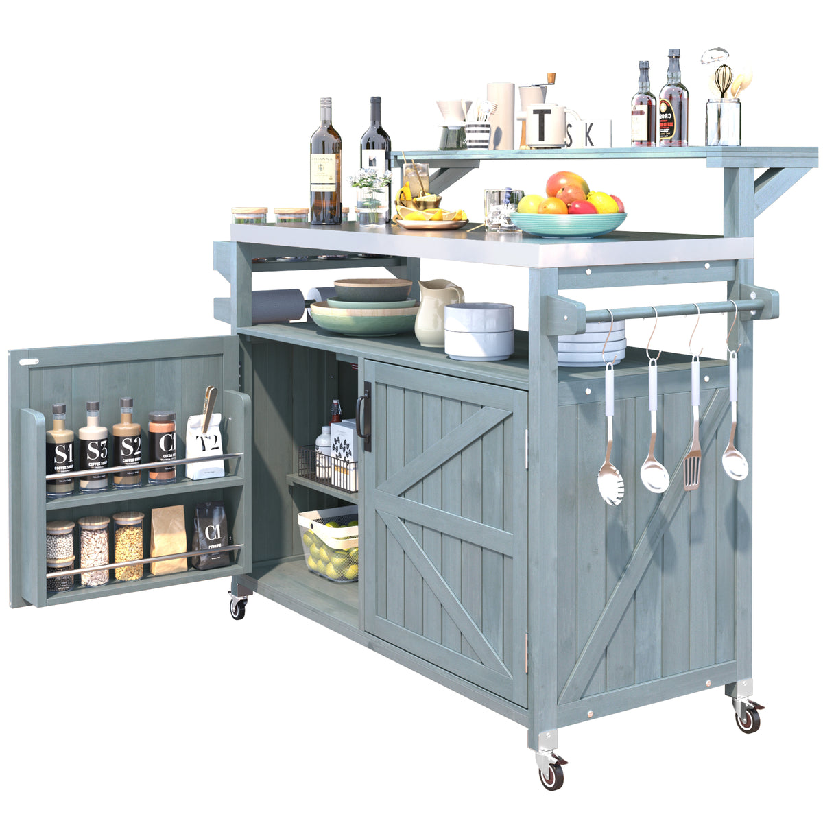 variant-group:rf-n707p250628g|Roomfitters 53.3" Outdoor Kitchen Island with Raised Shelf, Wood Storage Cabinet, Stainless Steel Top, Rolling Grill Cart, Grey Blue