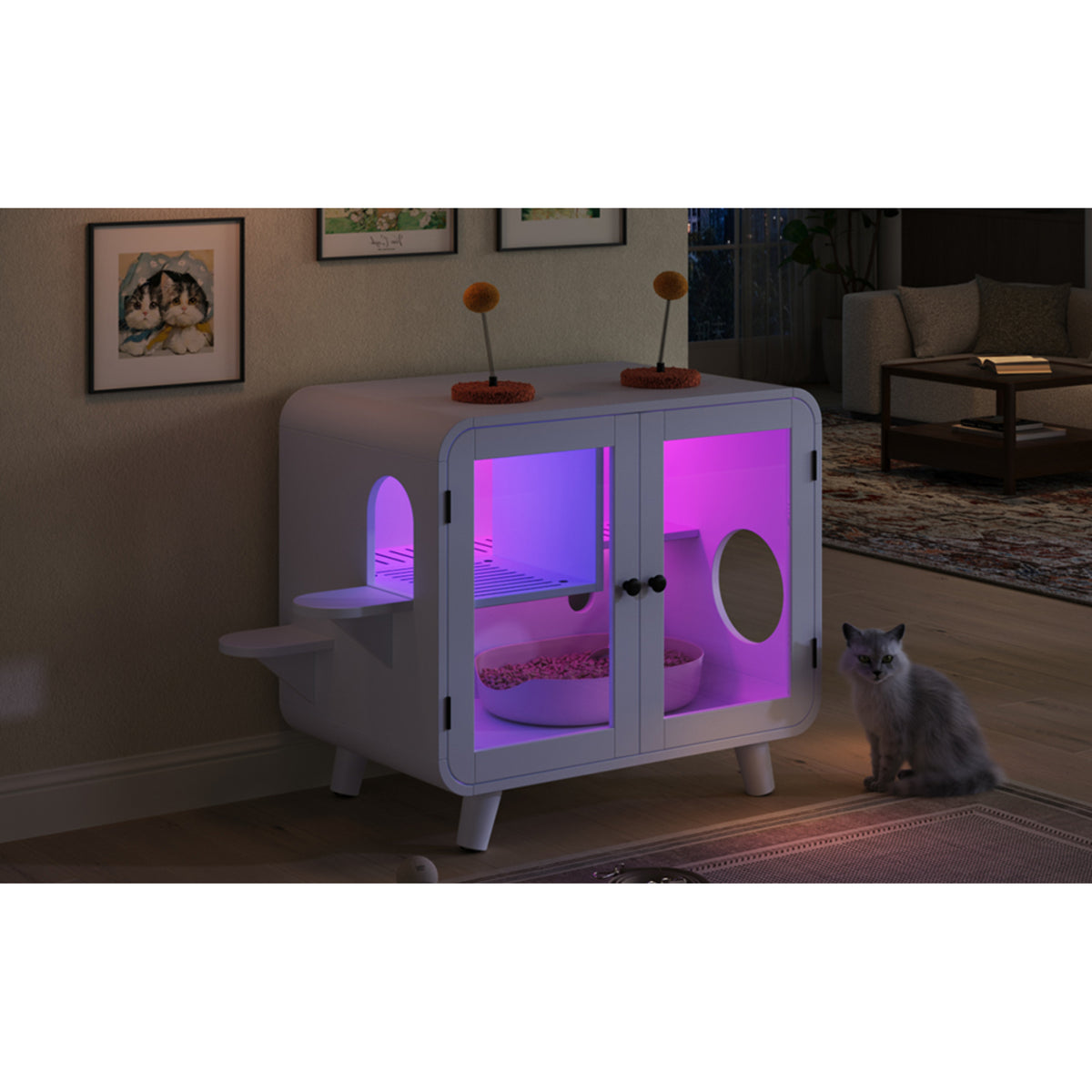 variant-group:rf-n704p419240k|Roomfitters Retro TV-Style Hidden Cat Litter Box Enclosure with App Controlled RGB LED Lights and Stairs White