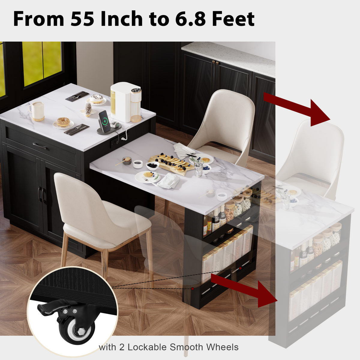 variant-group:rf-n707s000010b|Roomfitters 82.7" Kitchen Island with Extendable Table, Faux Marble Top, Double Storage, Power Outlet, Black